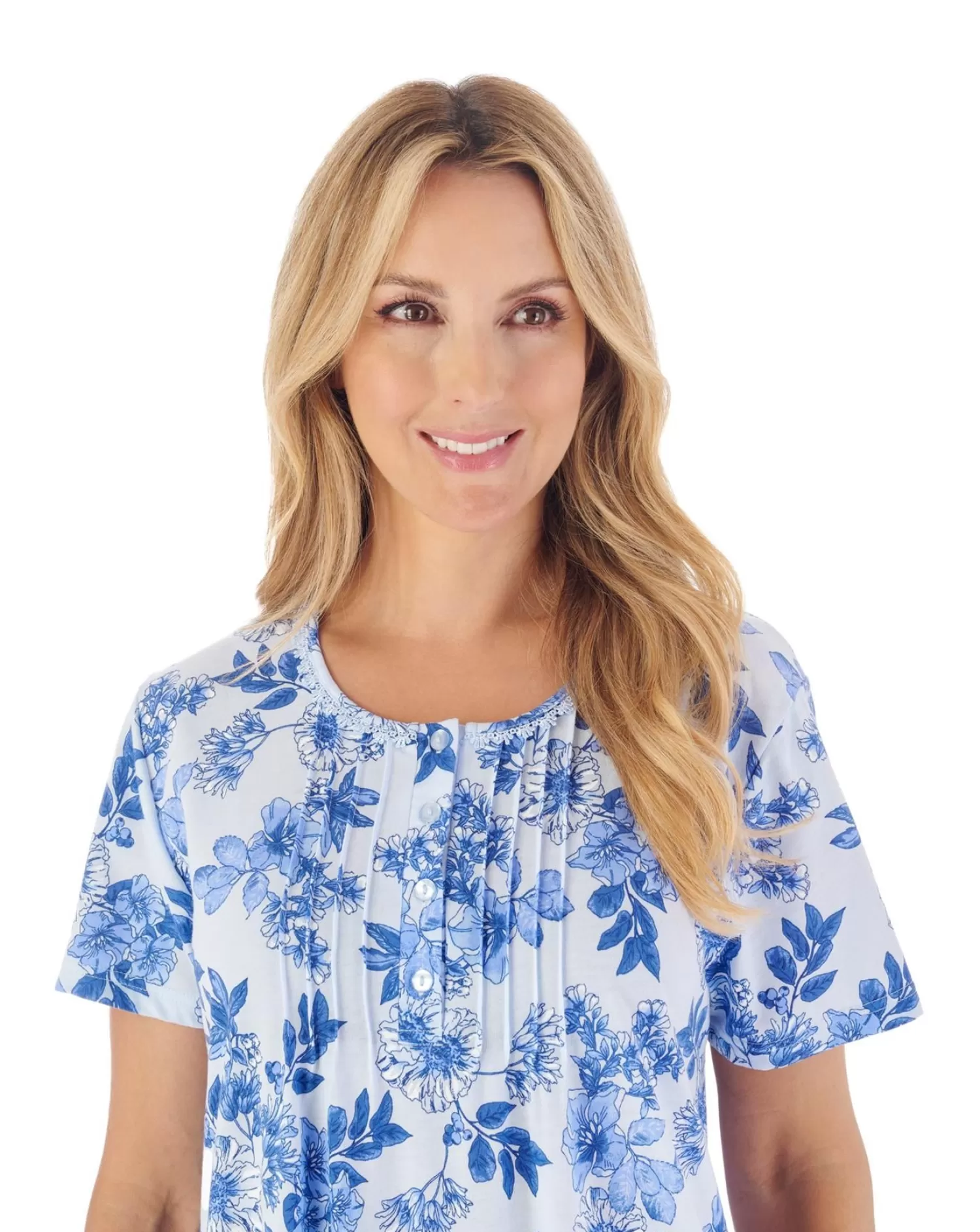 Slenderella Nighties | 42" Floral Jersey Short Sleeve Nightie - Blue
