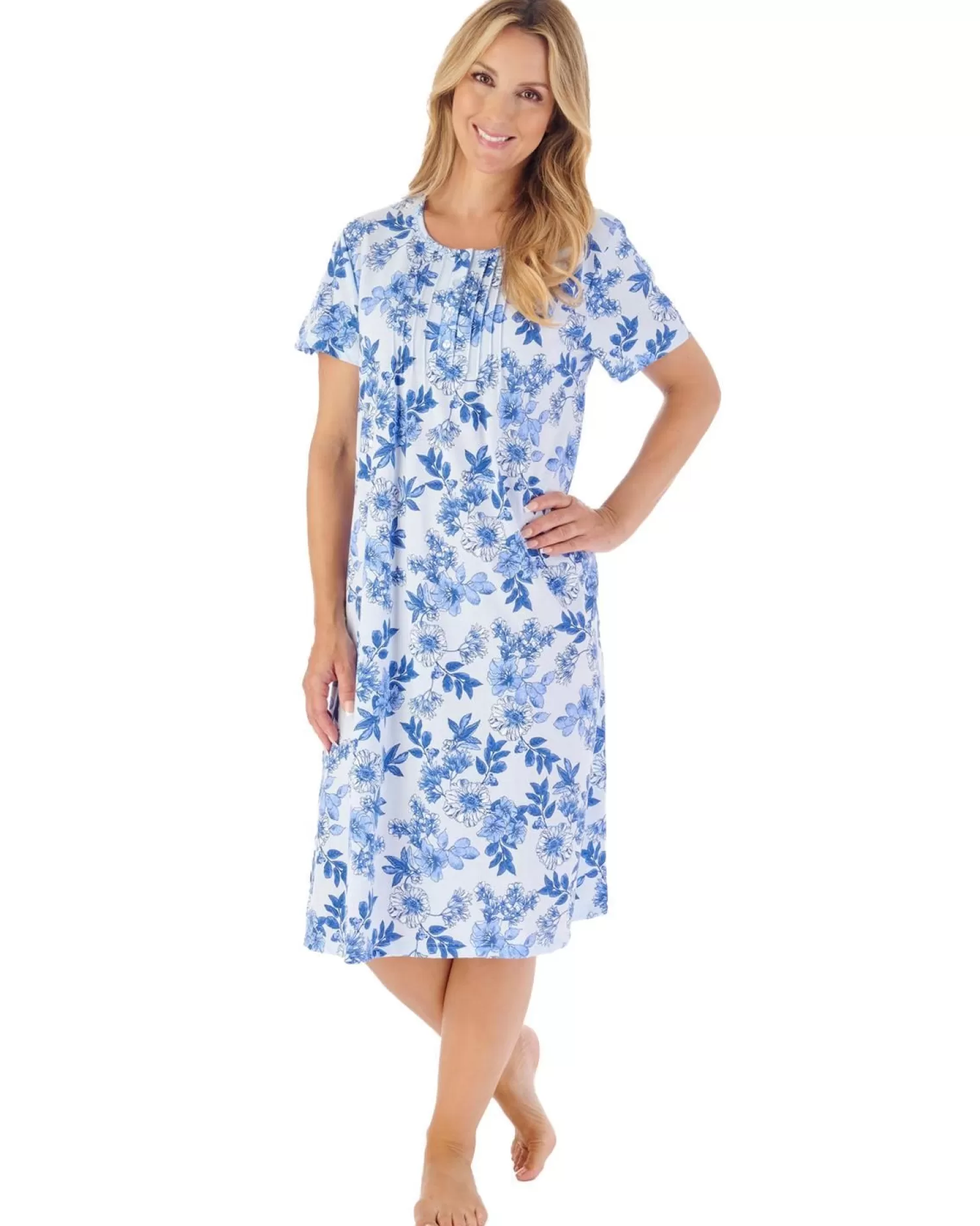 Slenderella Nighties | 42" Floral Jersey Short Sleeve Nightie - Blue