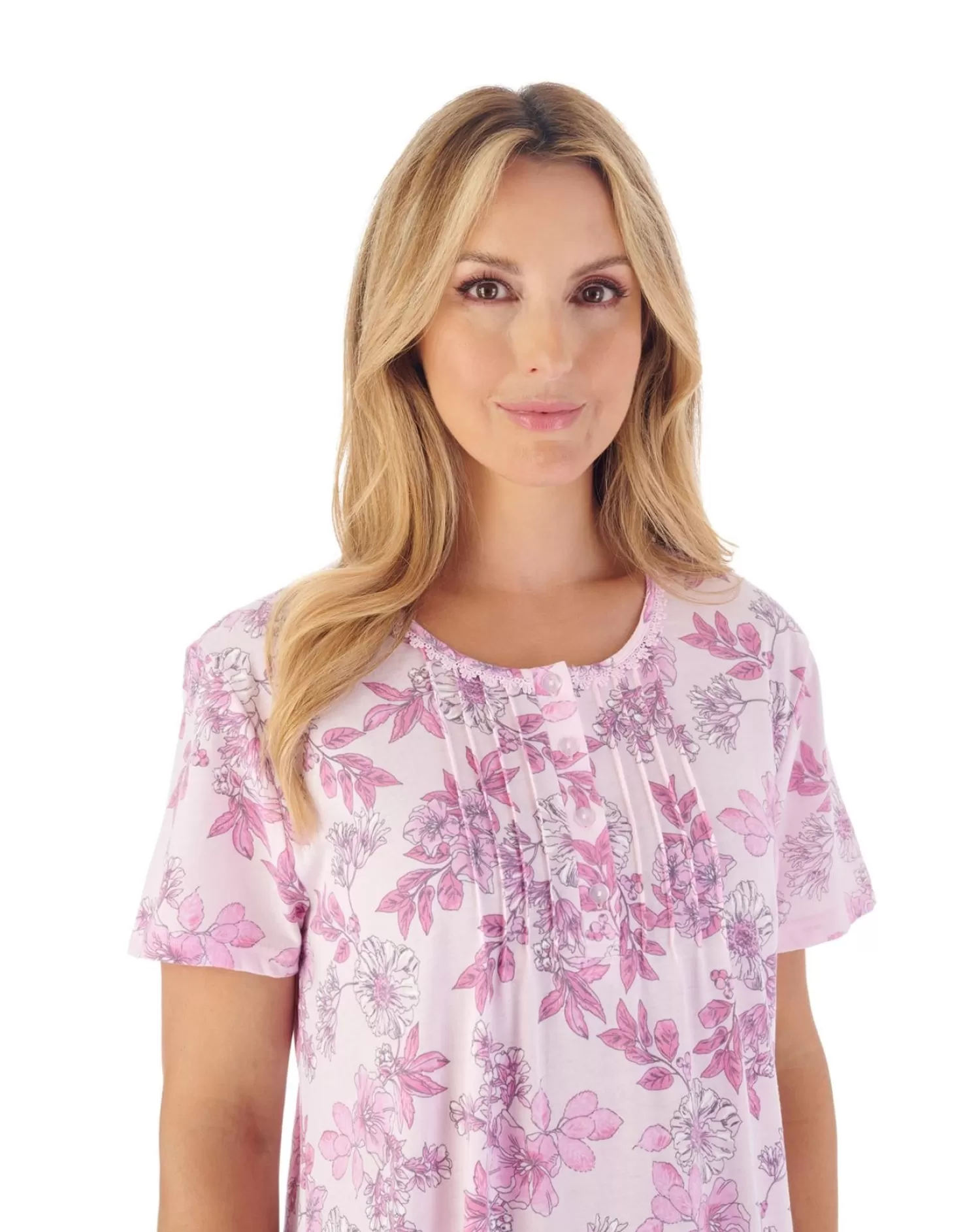 Slenderella Nighties | 42" Floral Jersey Short Sleeve Nightie - Pink