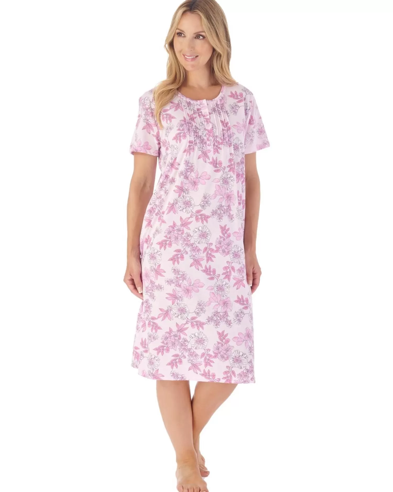 Slenderella Nighties | 42" Floral Jersey Short Sleeve Nightie - Pink