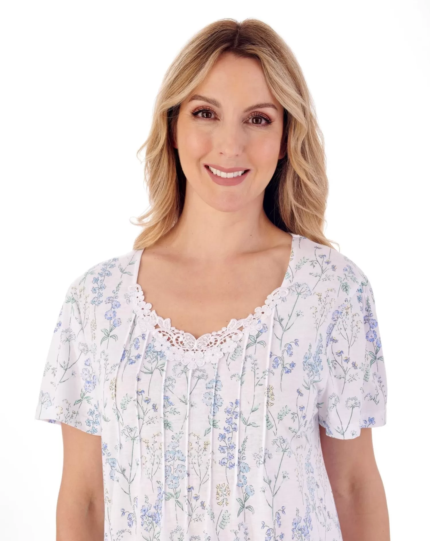 Slenderella Nighties | 42" Floral Meadow V-Neck Short Sleeve Jersey Nightie - Blue