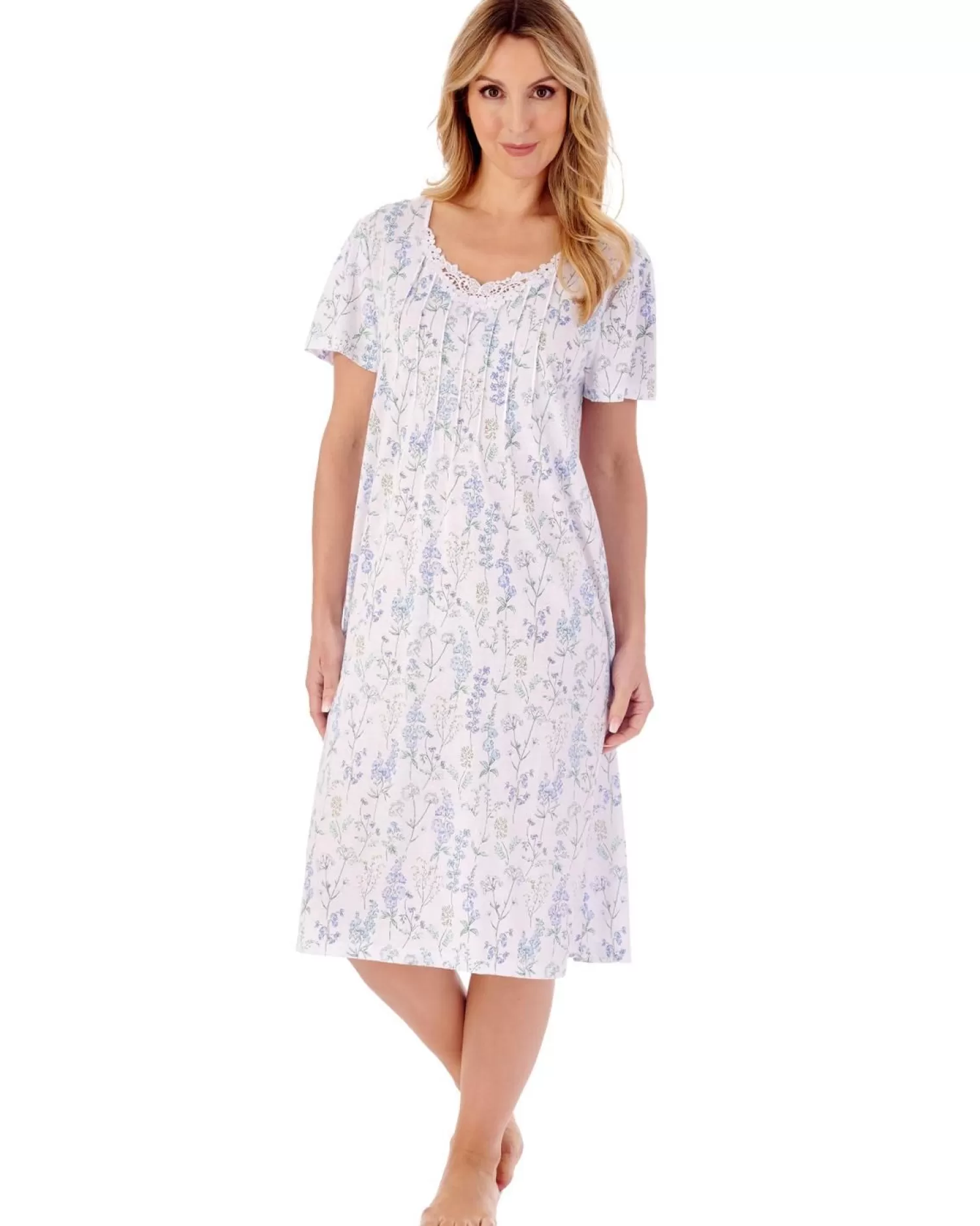 Slenderella Nighties | 42" Floral Meadow V-Neck Short Sleeve Jersey Nightie - Blue