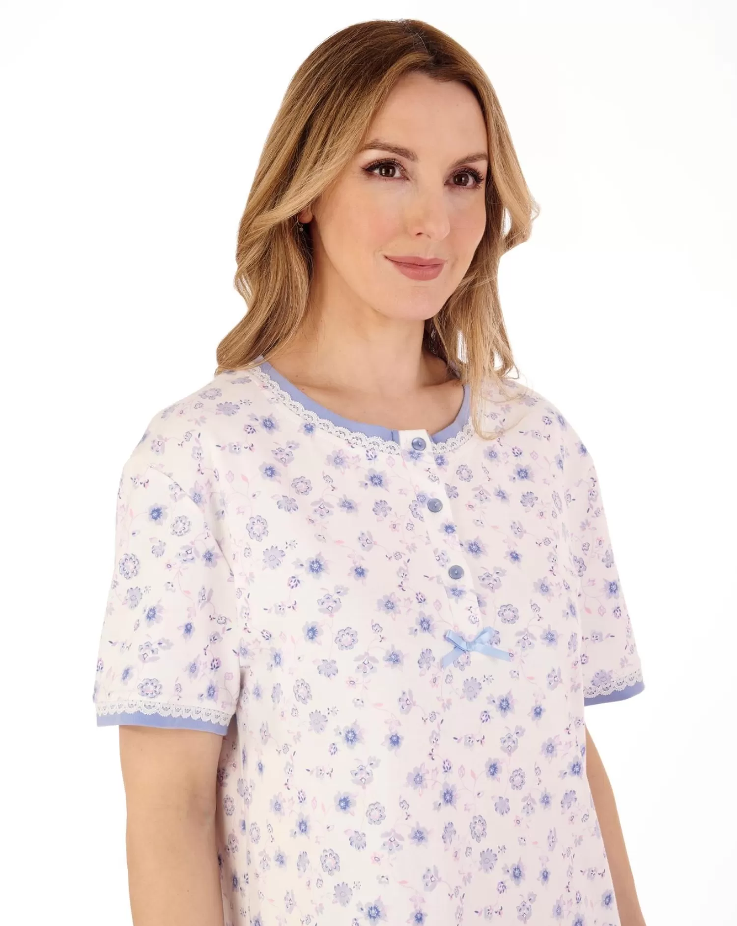 Slenderella Nighties | 42" Floral Print Interlock Nightdress - Blue