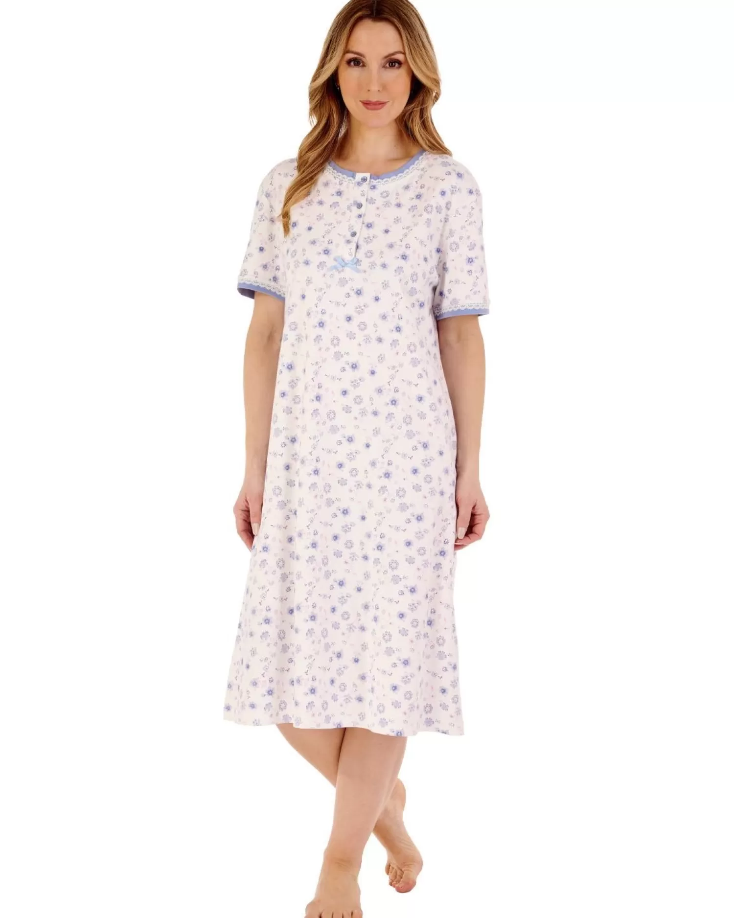 Slenderella Nighties | 42" Floral Print Interlock Nightdress - Blue