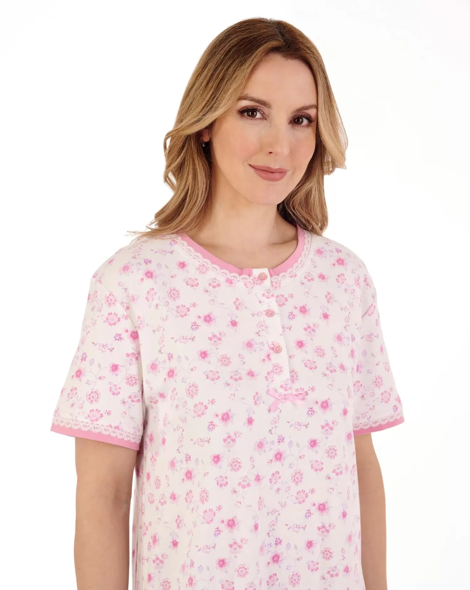 Slenderella Nighties | 42" Floral Print Interlock Nightdress - Pink