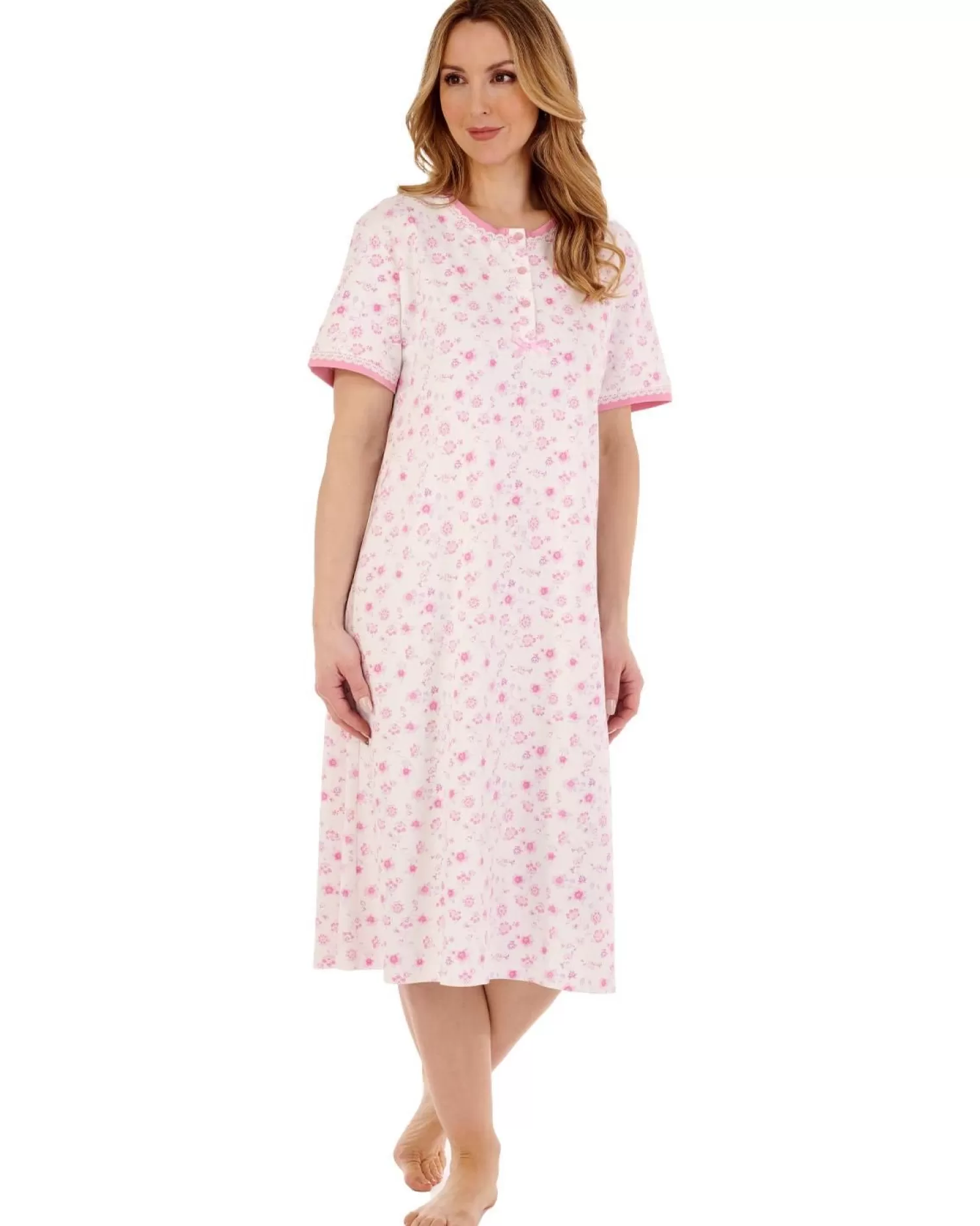 Slenderella Nighties | 42" Floral Print Interlock Nightdress - Pink