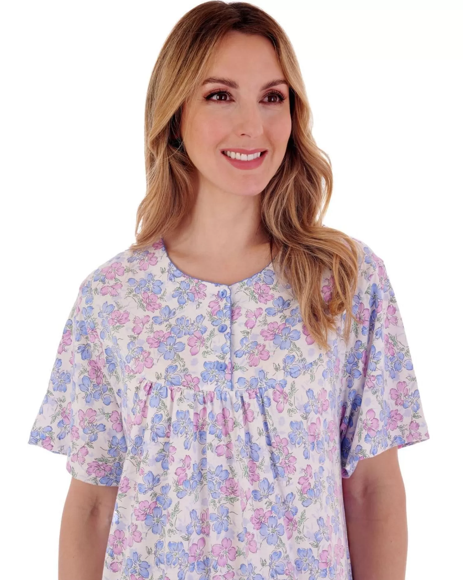 Slenderella Nighties | 42" Floral Short Sleeve Nightie - Blue