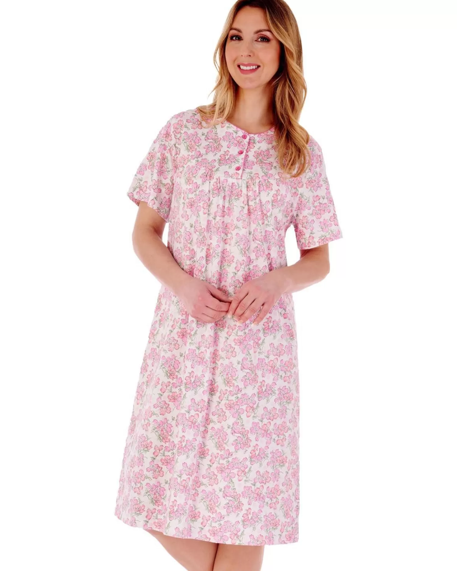 Slenderella Nighties | 42" Floral Short Sleeve Nightie - Pink