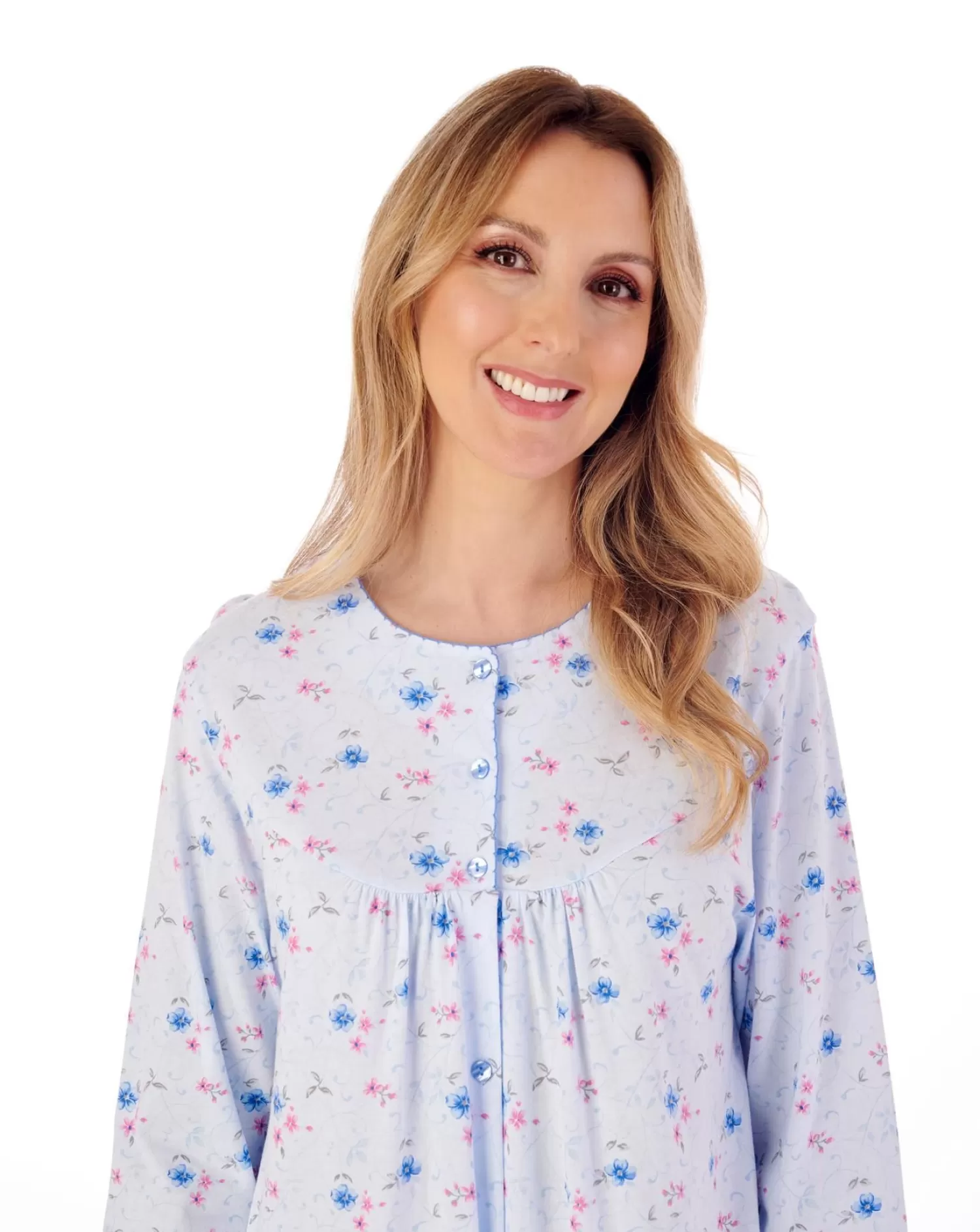 Slenderella Nighties | 42" Picot Trim Floral Button Through Jersey Nightie - Blue