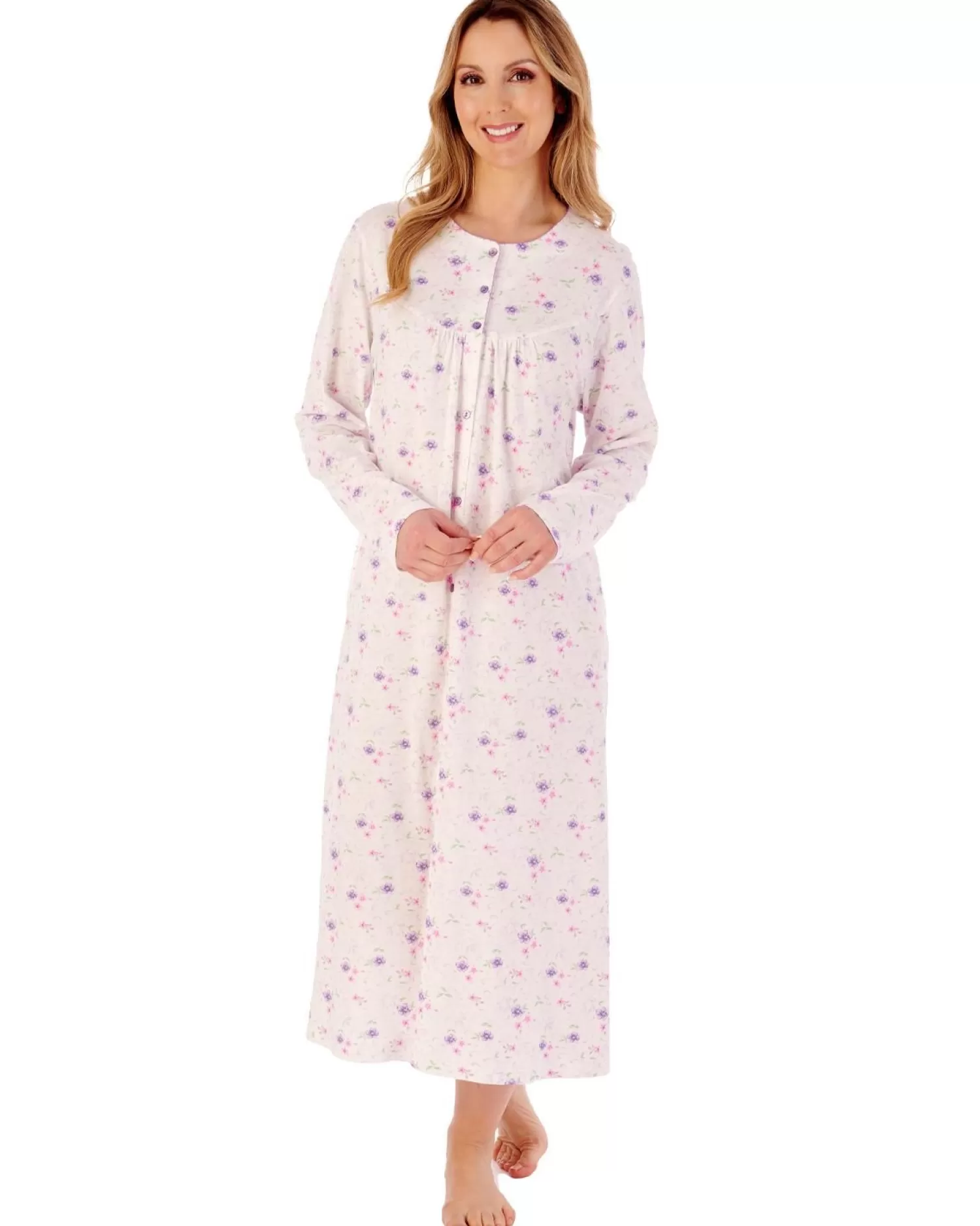 Slenderella Nighties | 42" Picot Trim Floral Button Through Jersey Nightie - Ivory