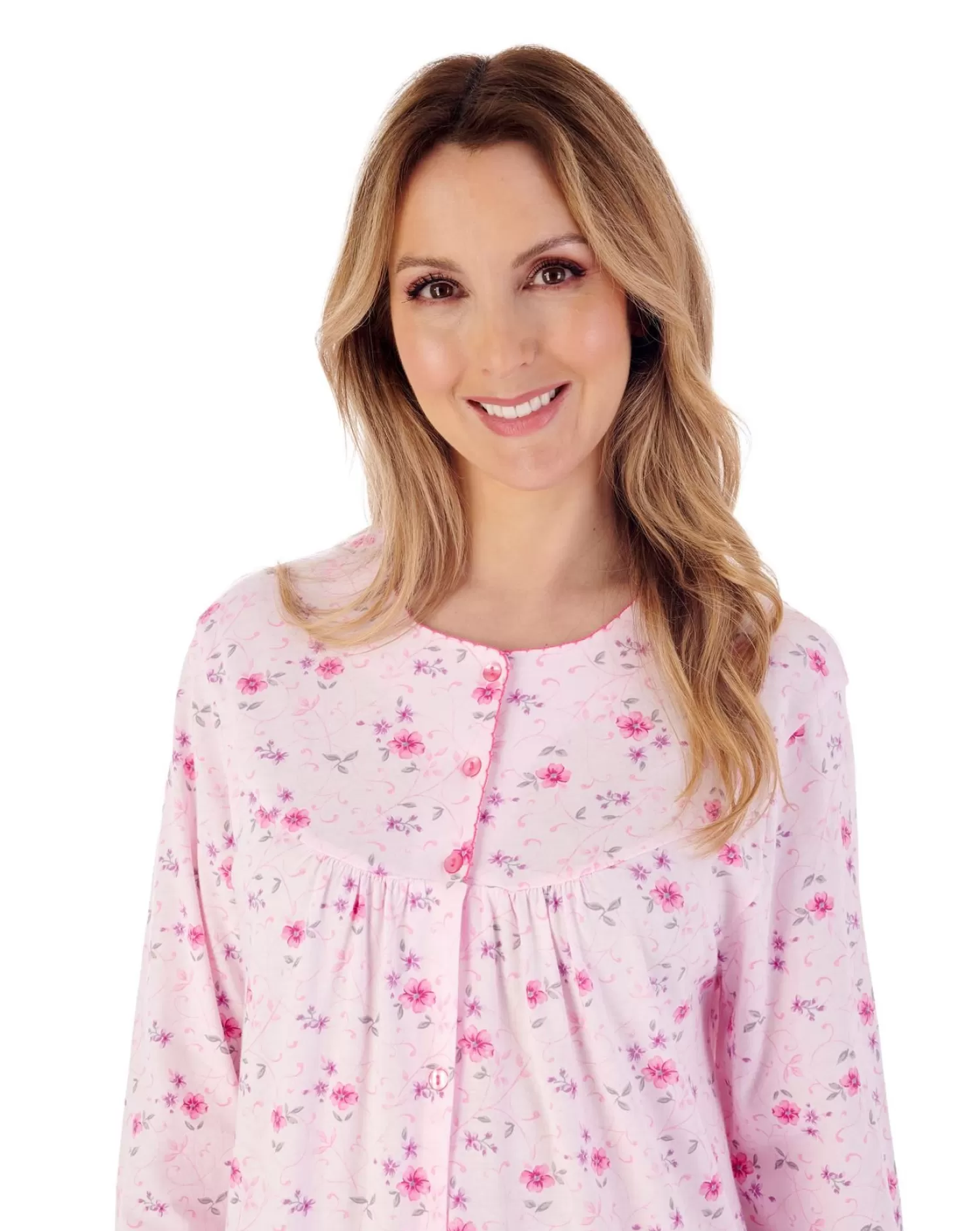 Slenderella Nighties | 42" Picot Trim Floral Button Through Jersey Nightie - Pink