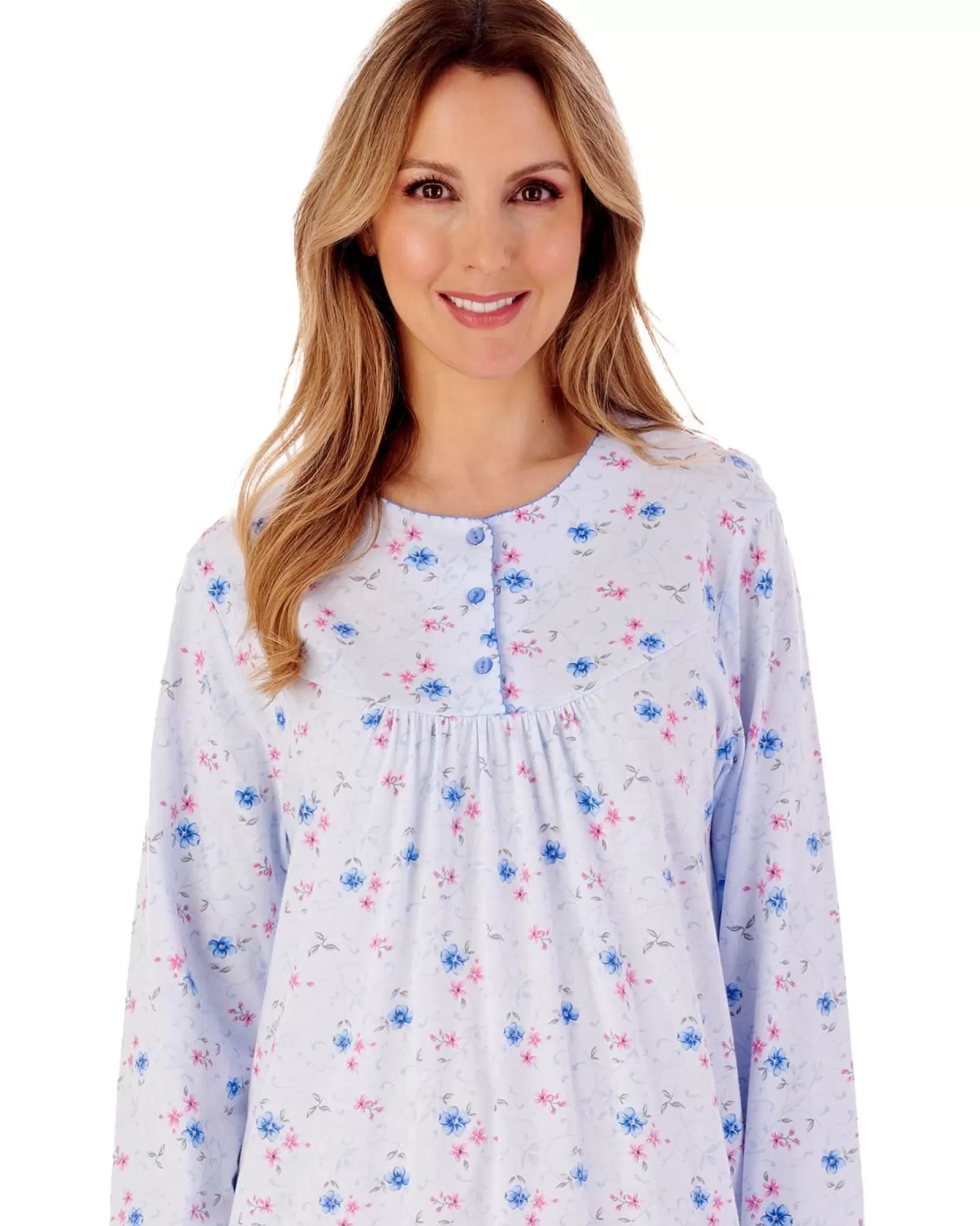 Slenderella Nighties | 42" Picot Trim Floral Long Sleeve Jersey Nightie - Blue