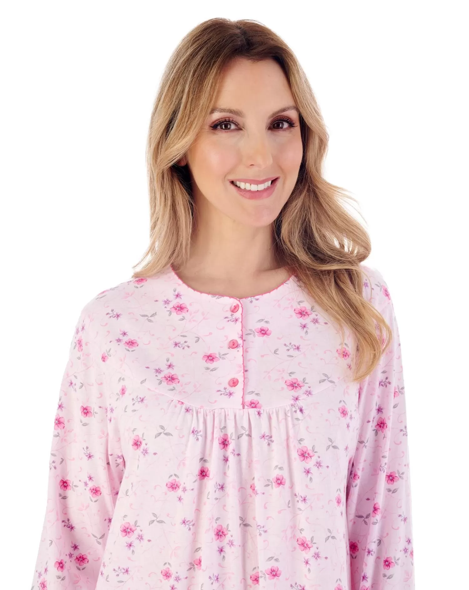 Slenderella Nighties | 42" Picot Trim Floral Long Sleeve Jersey Nightie - Pink