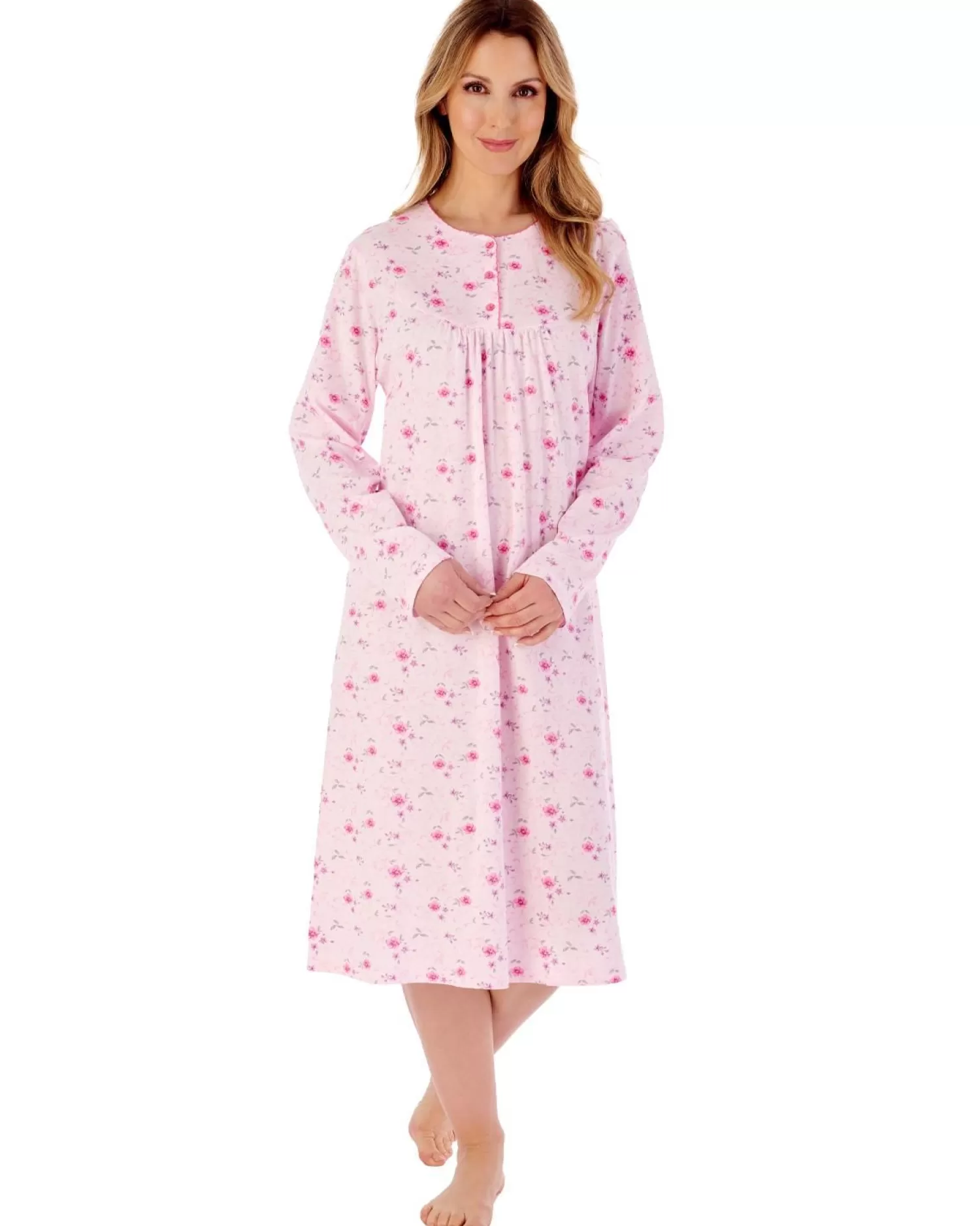 Slenderella Nighties | 42" Picot Trim Floral Long Sleeve Jersey Nightie - Pink