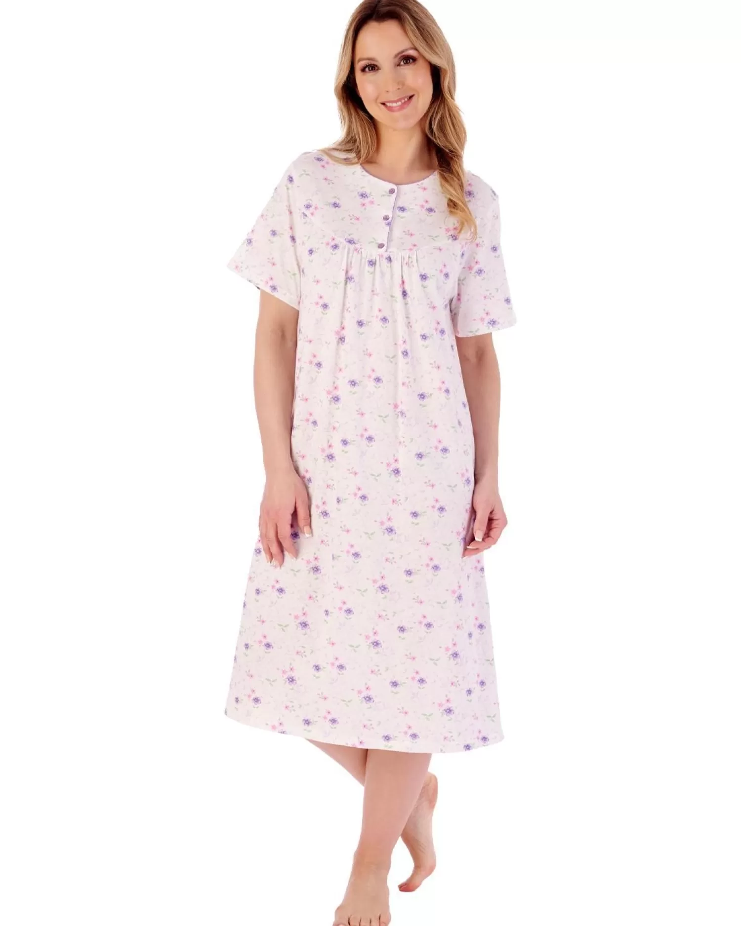 Slenderella Nighties | 42" Picot Trim Floral Short Sleeve Jersey Nightie - Ivory