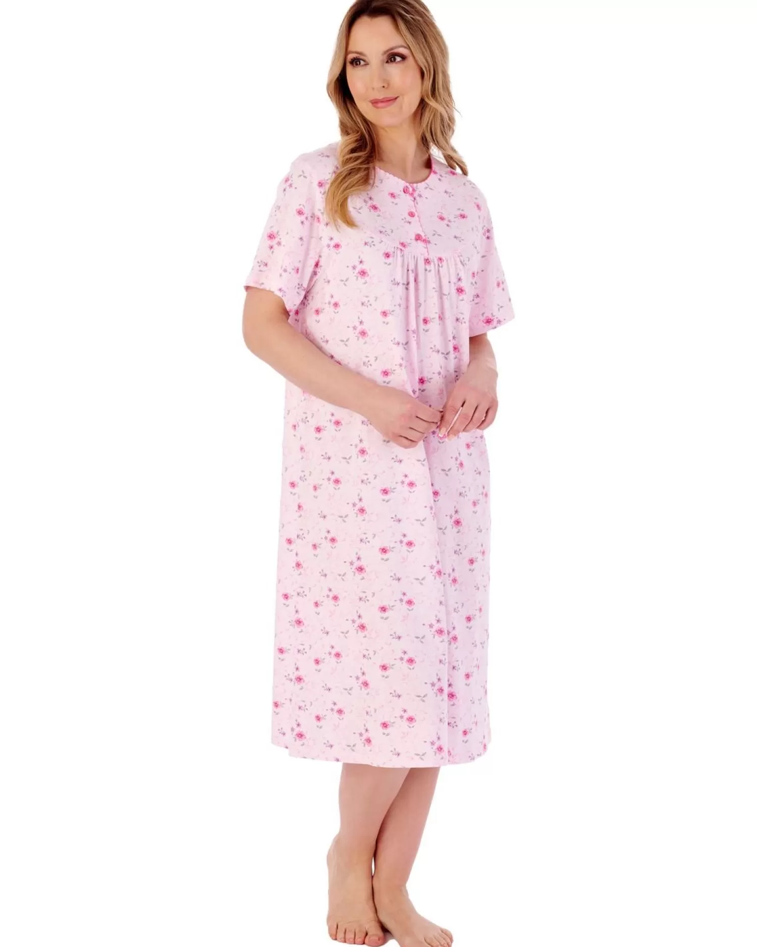 Slenderella Nighties | 42" Picot Trim Floral Short Sleeve Jersey Nightie - Pink