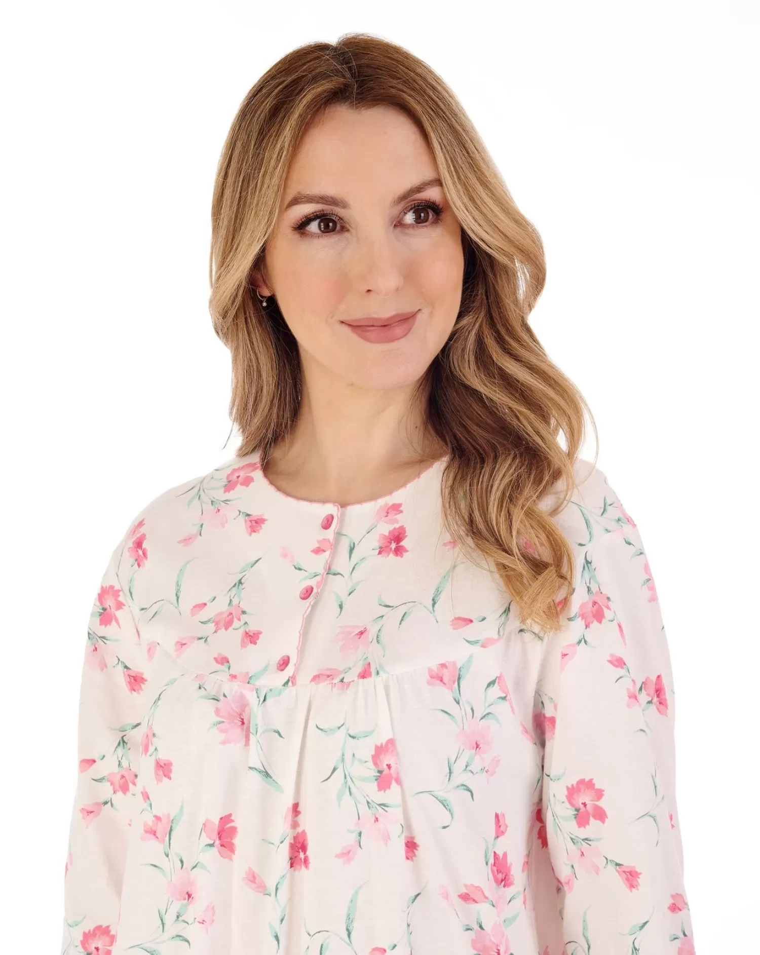 Slenderella Nighties | 42" Picot Trim Long Sleeve Jersey Nightdress - Ivory