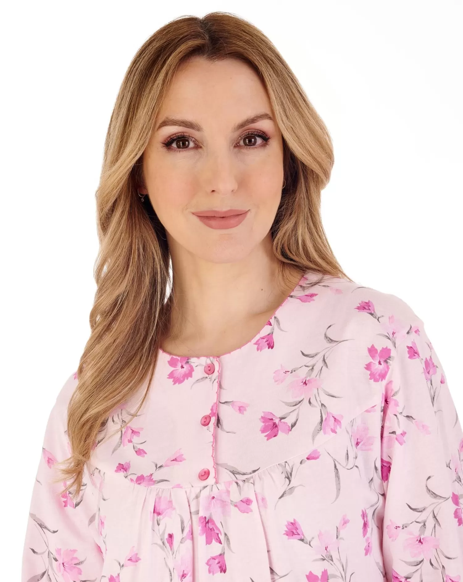 Slenderella Nighties | 42" Picot Trim Long Sleeve Jersey Nightdress - Pink