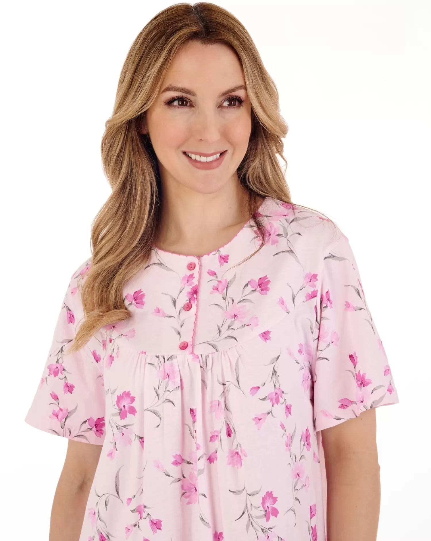 Slenderella Nighties | 42" Picot Trim Short Sleeve Jersey Nightdress - Pink