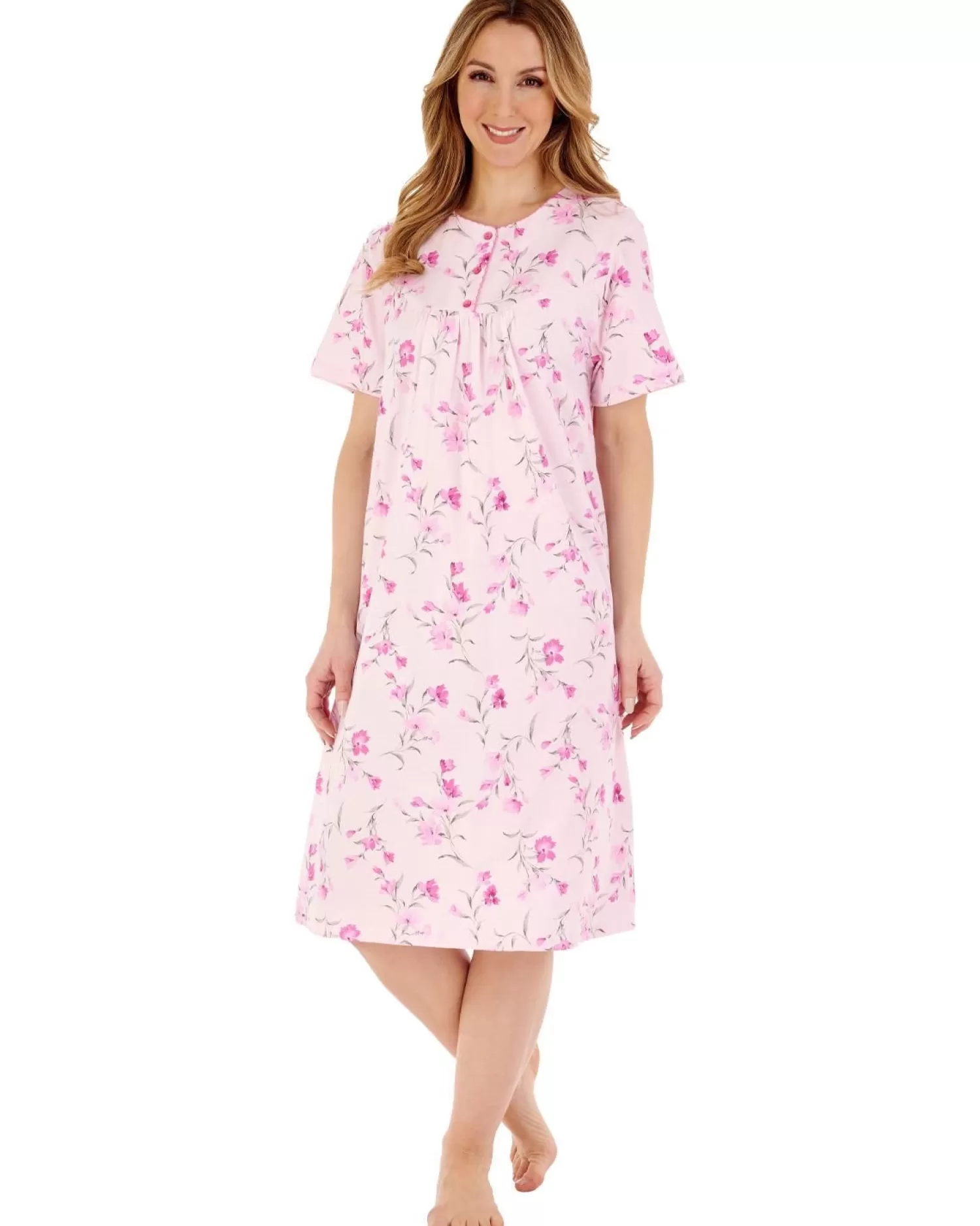 Slenderella Nighties | 42" Picot Trim Short Sleeve Jersey Nightdress - Pink