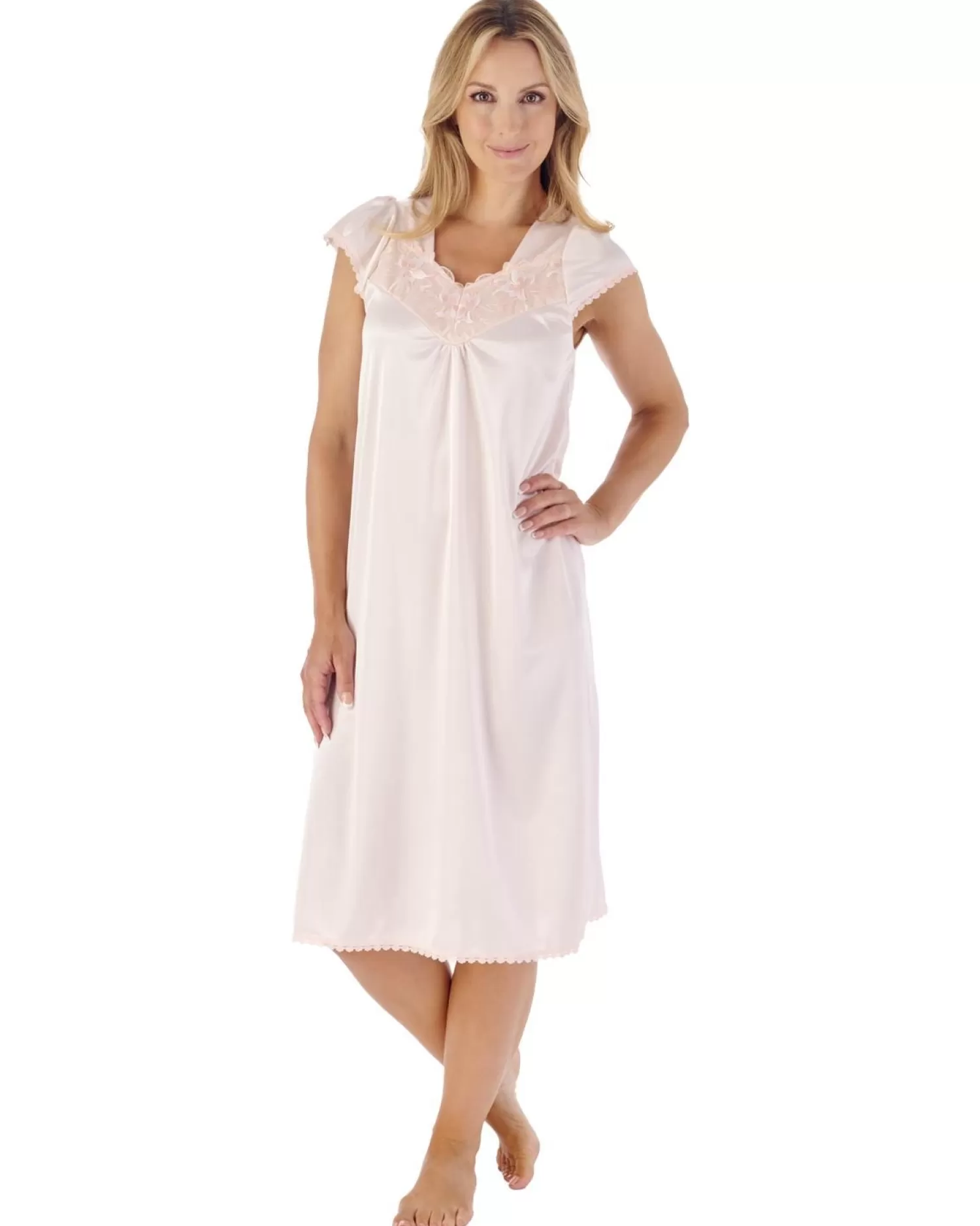 Slenderella Nighties | 42" Satin Cap Sleeve Nightie - Peach