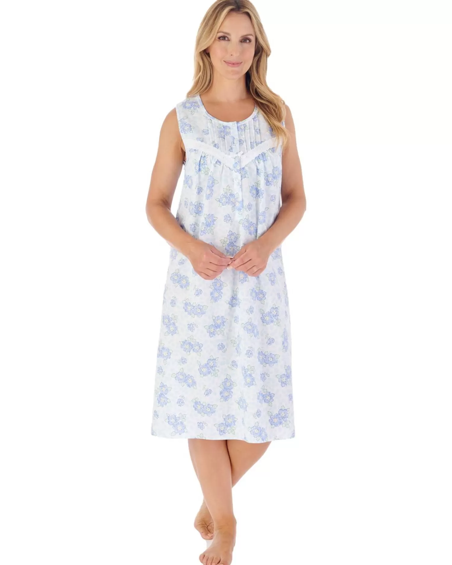 Slenderella Nighties | 42" Shadow Leaf Floral Sleeveless Cotton Nightie - Blue