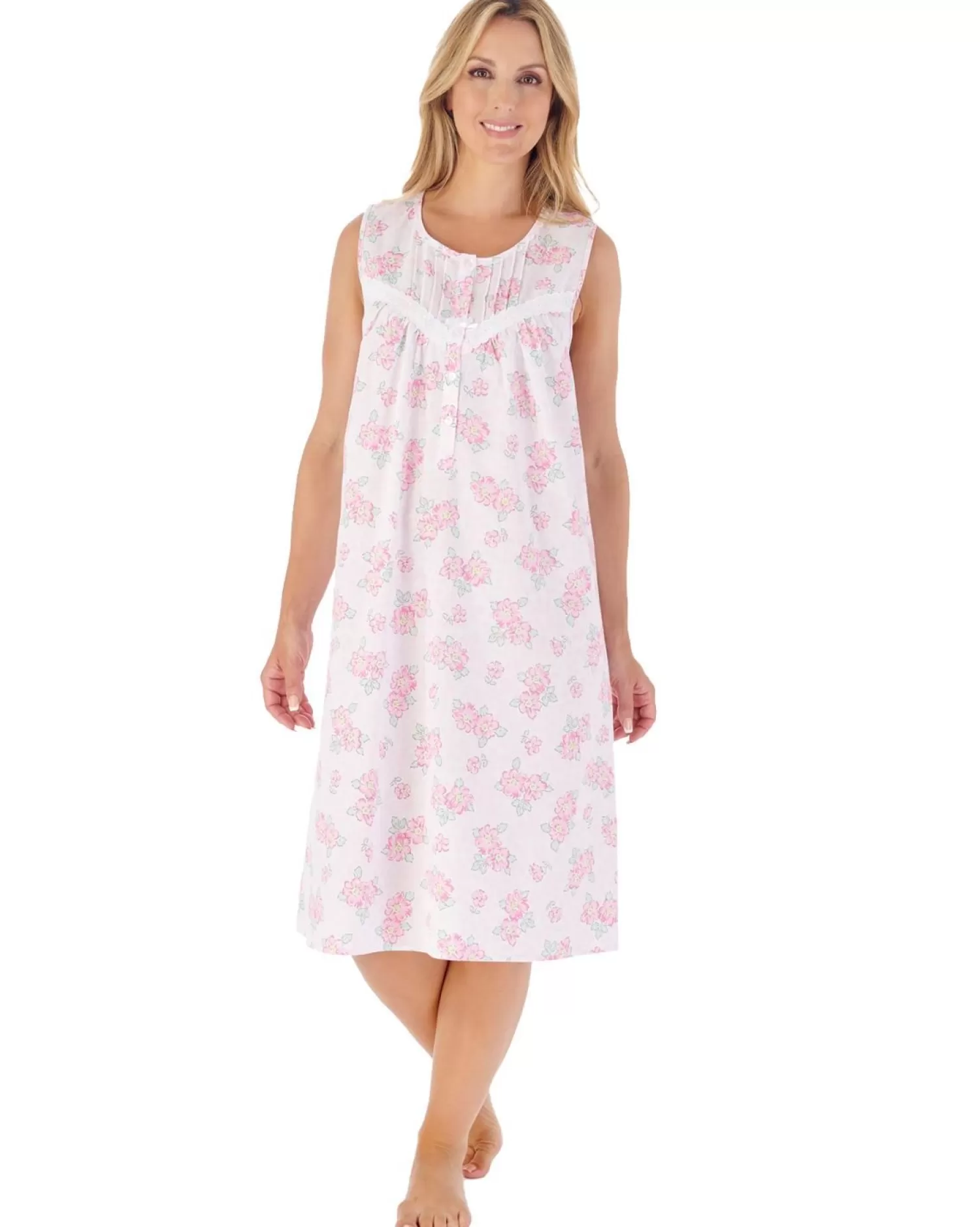 Slenderella Nighties | 42" Shadow Leaf Floral Sleeveless Cotton Nightie - Pink