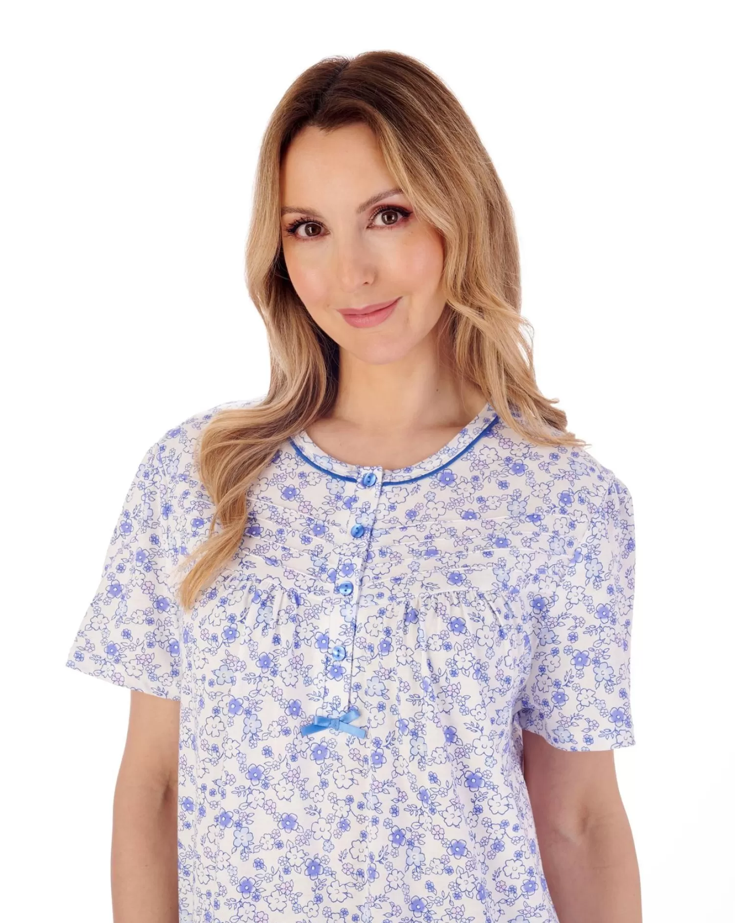 Slenderella Nighties | 42" Short Sleeve Ditsy Floral Jersey Nightie - Blue
