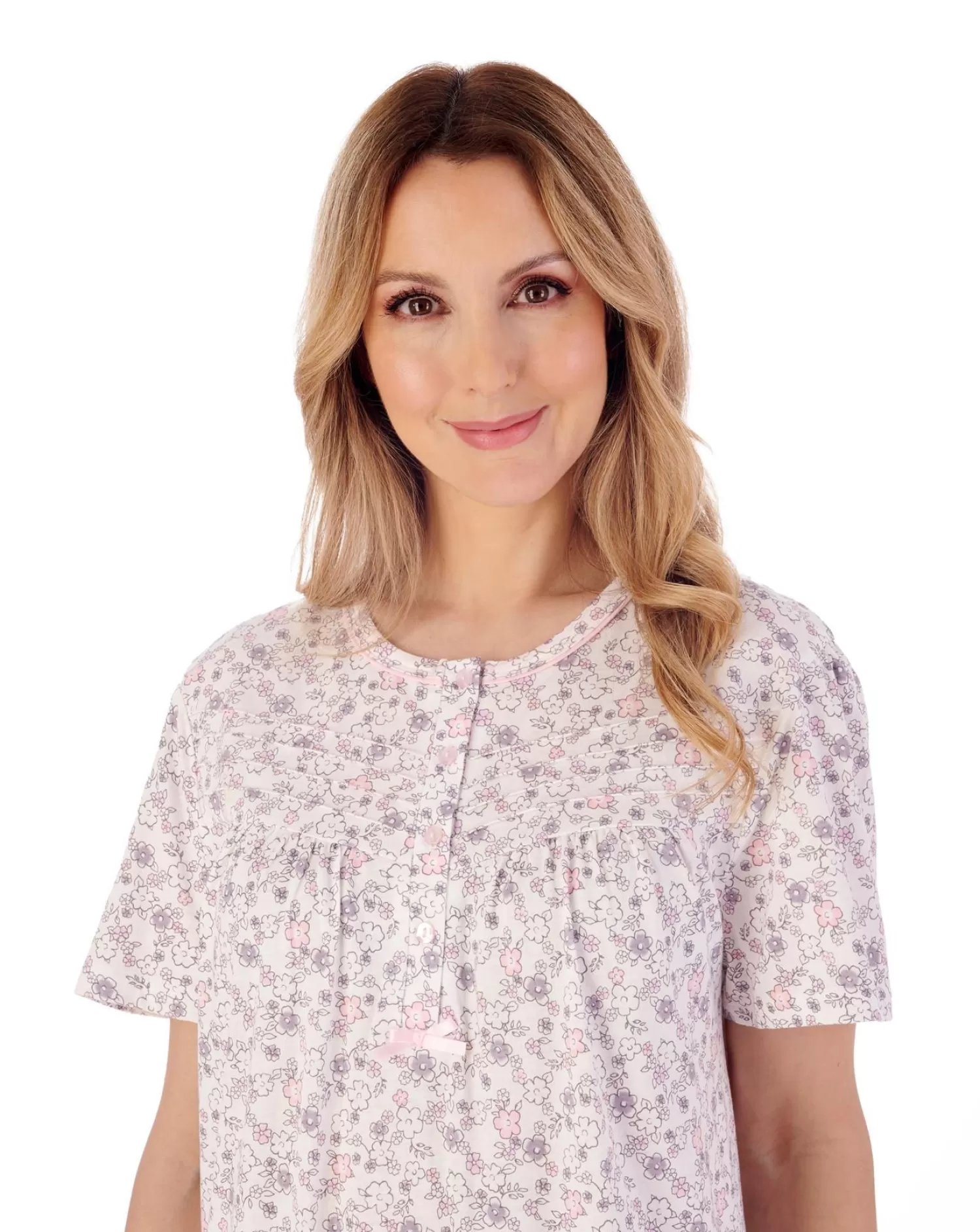 Slenderella Nighties | 42" Short Sleeve Ditsy Floral Jersey Nightie - Grey