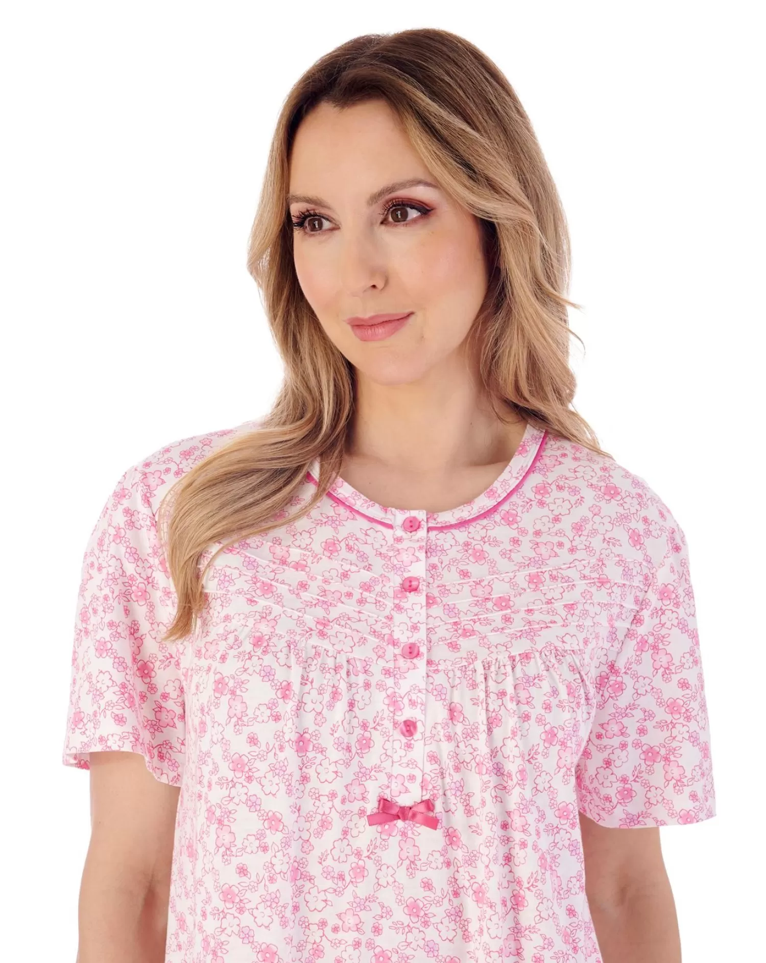 Slenderella Nighties | 42" Short Sleeve Ditsy Floral Jersey Nightie - Pink