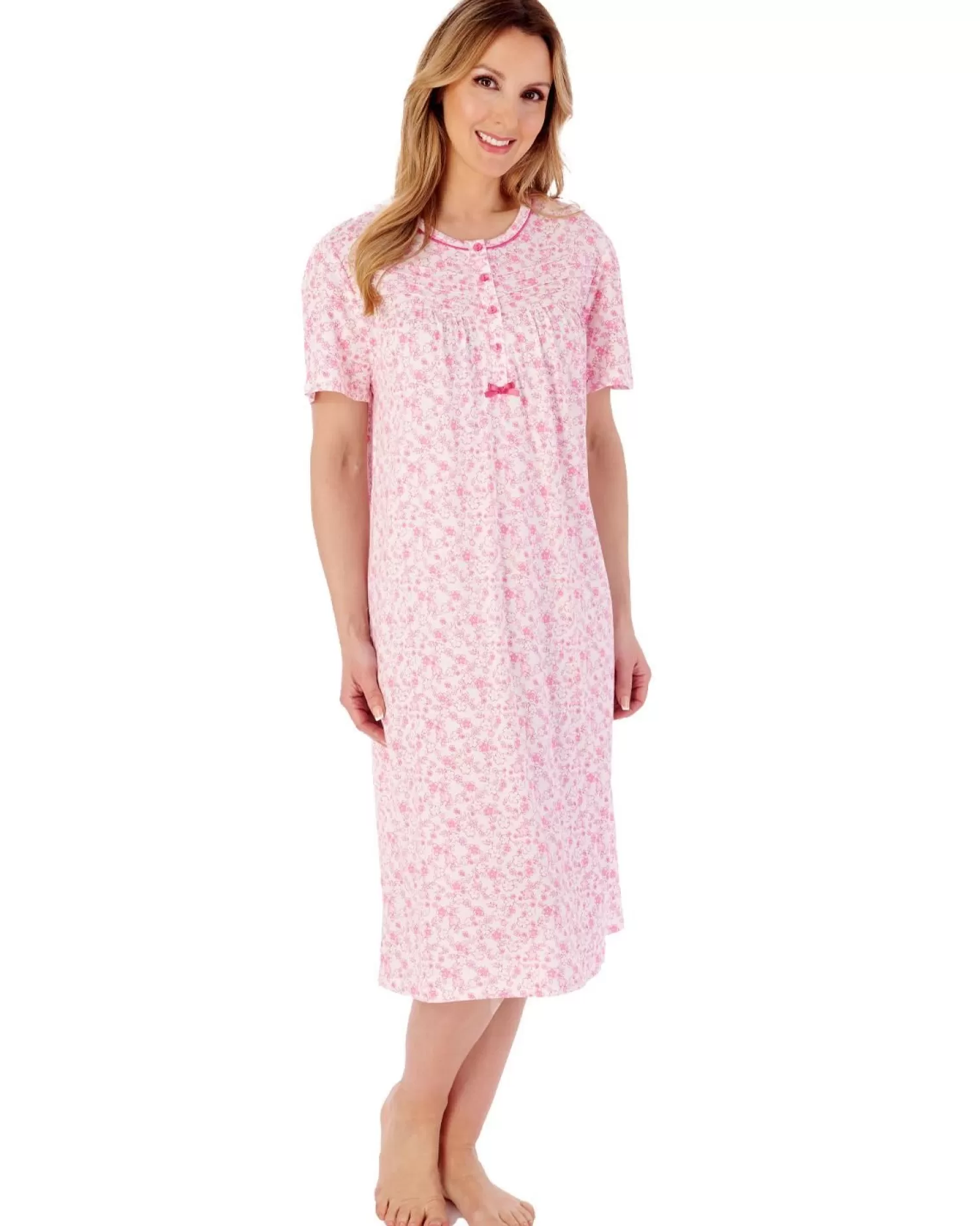 Slenderella Nighties | 42" Short Sleeve Ditsy Floral Jersey Nightie - Pink
