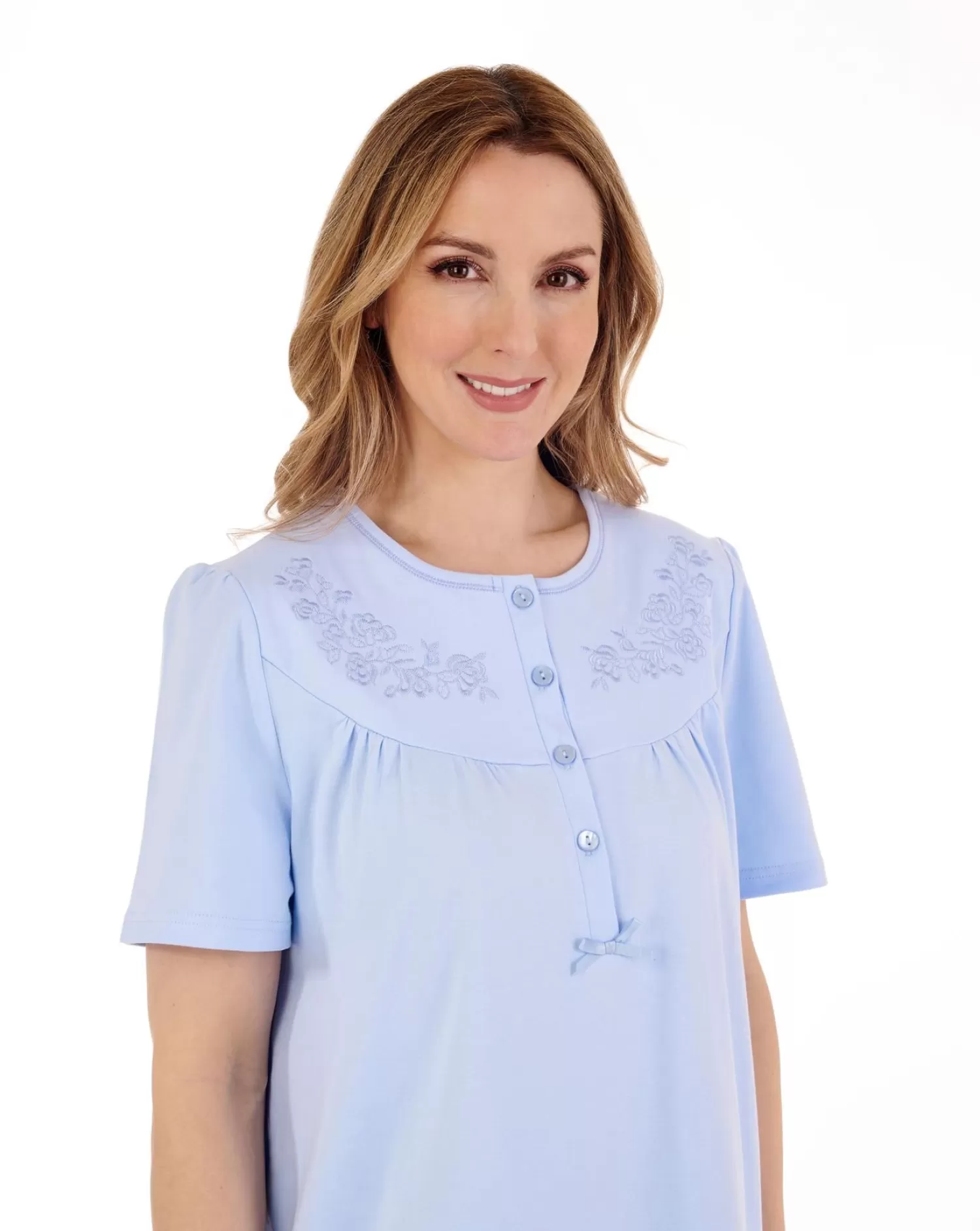Slenderella Nighties | 42" Short Sleeve Embroidered Yoke Interlock Nightdress - Blue