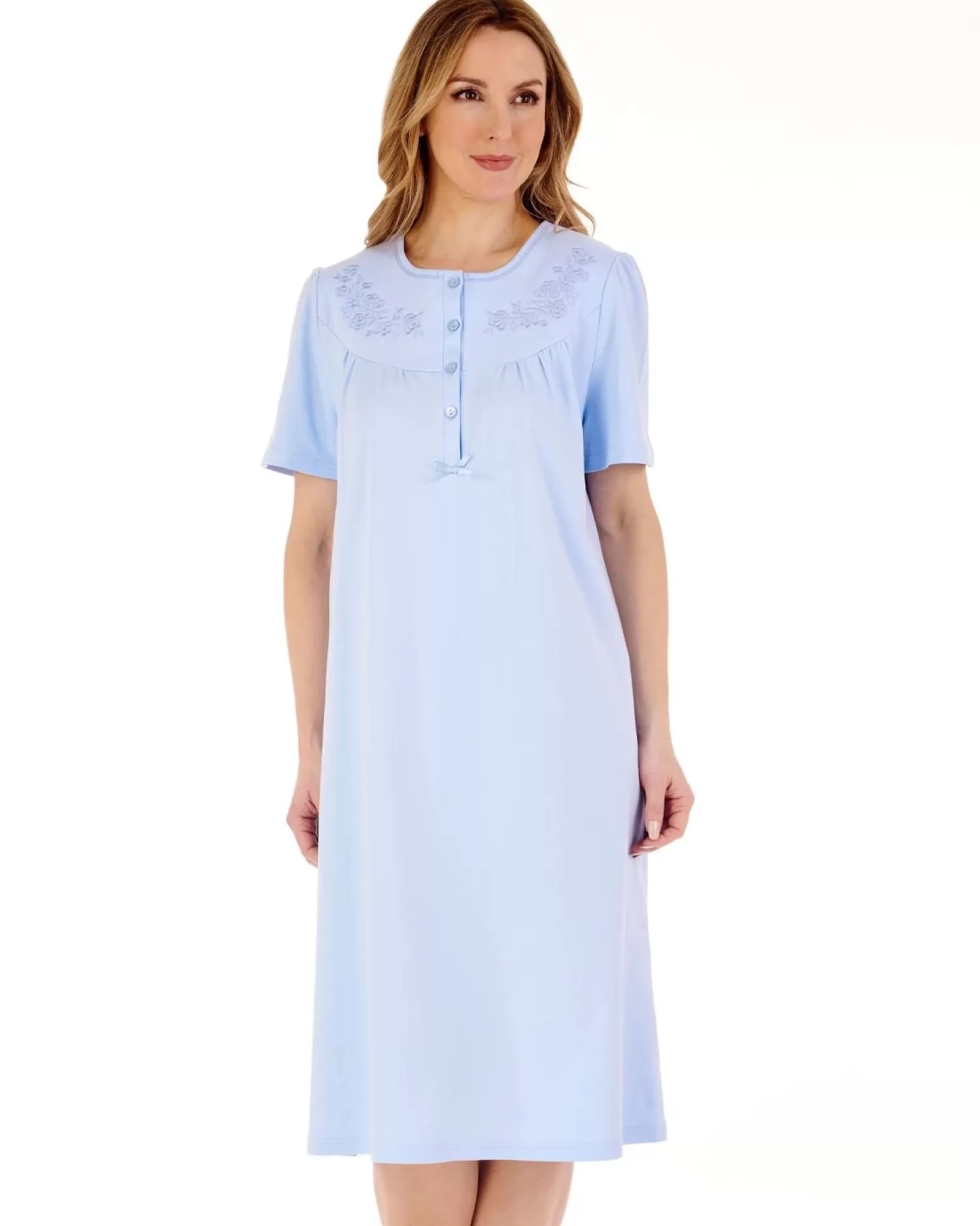 Slenderella Nighties | 42" Short Sleeve Embroidered Yoke Interlock Nightdress - Blue