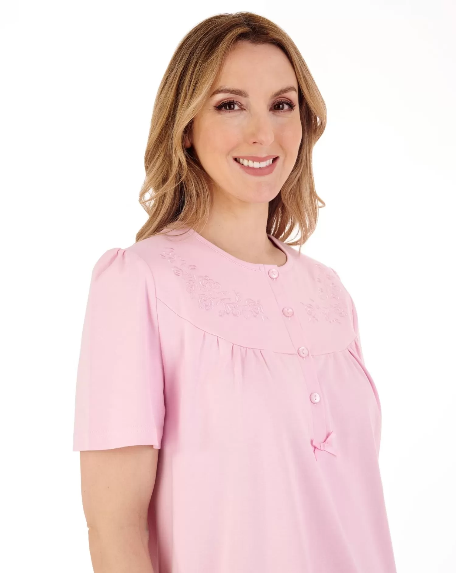 Slenderella Nighties | 42" Short Sleeve Embroidered Yoke Interlock Nightdress - Pink