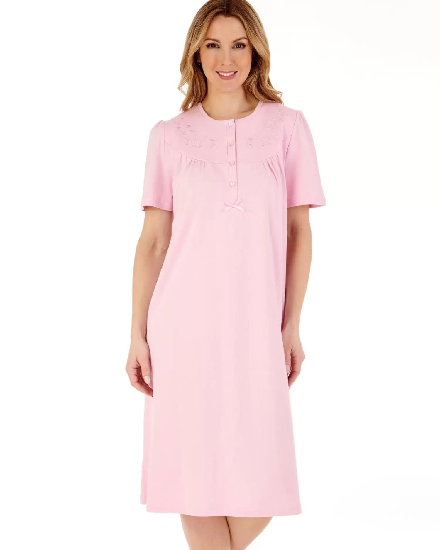 Slenderella Nighties | 42" Short Sleeve Embroidered Yoke Interlock Nightdress - Pink