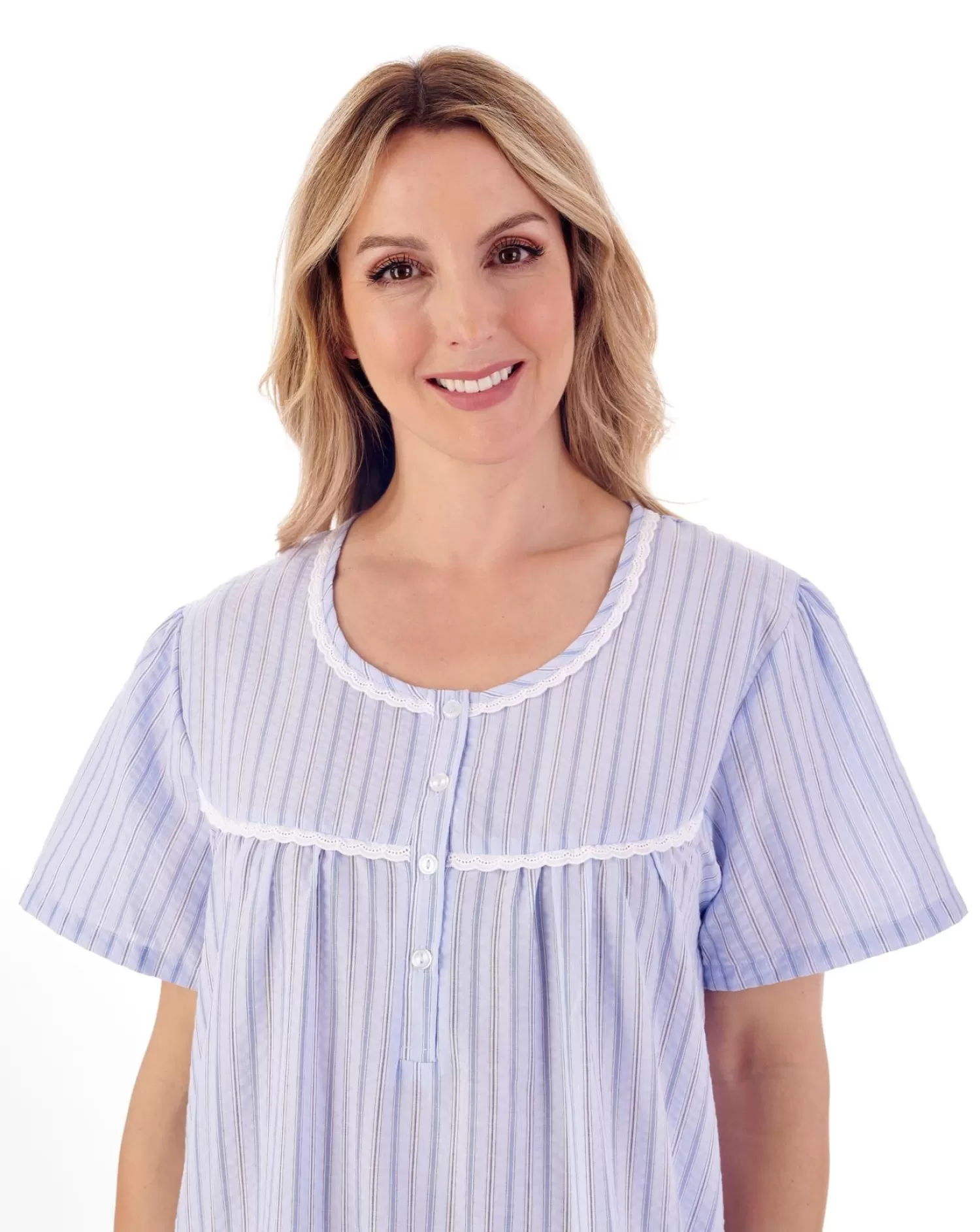 Slenderella Nighties | 42" Short Sleeve Seersucker Nightie - Blue