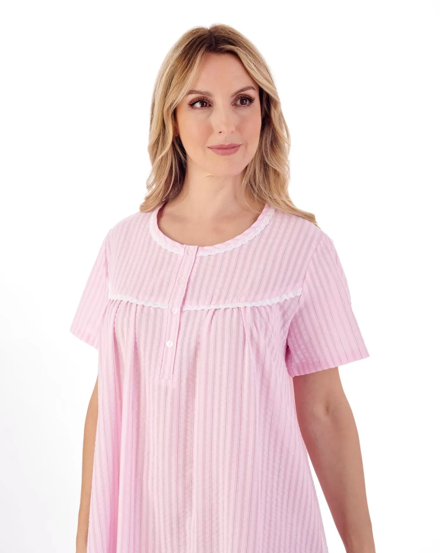 Slenderella Nighties | 42" Short Sleeve Seersucker Nightie - Pink