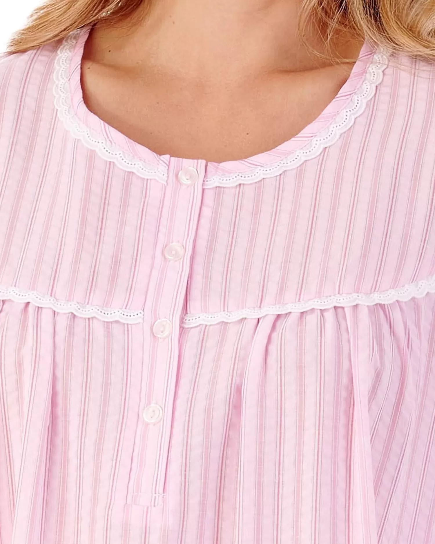 Slenderella Nighties | 42" Short Sleeve Seersucker Nightie - Pink