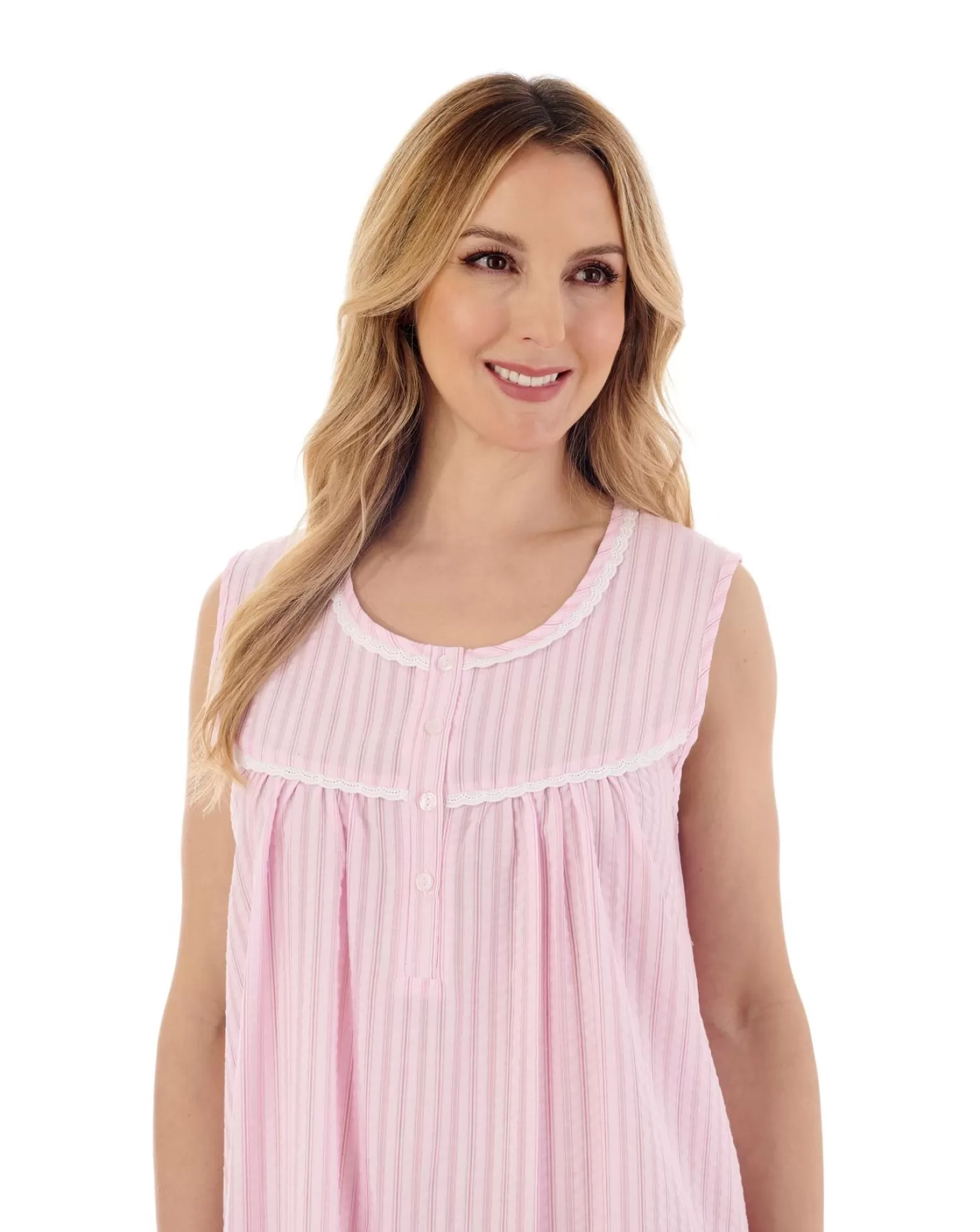 Slenderella Nighties | 42" Sleeveless Seersucker Nightie - Pink