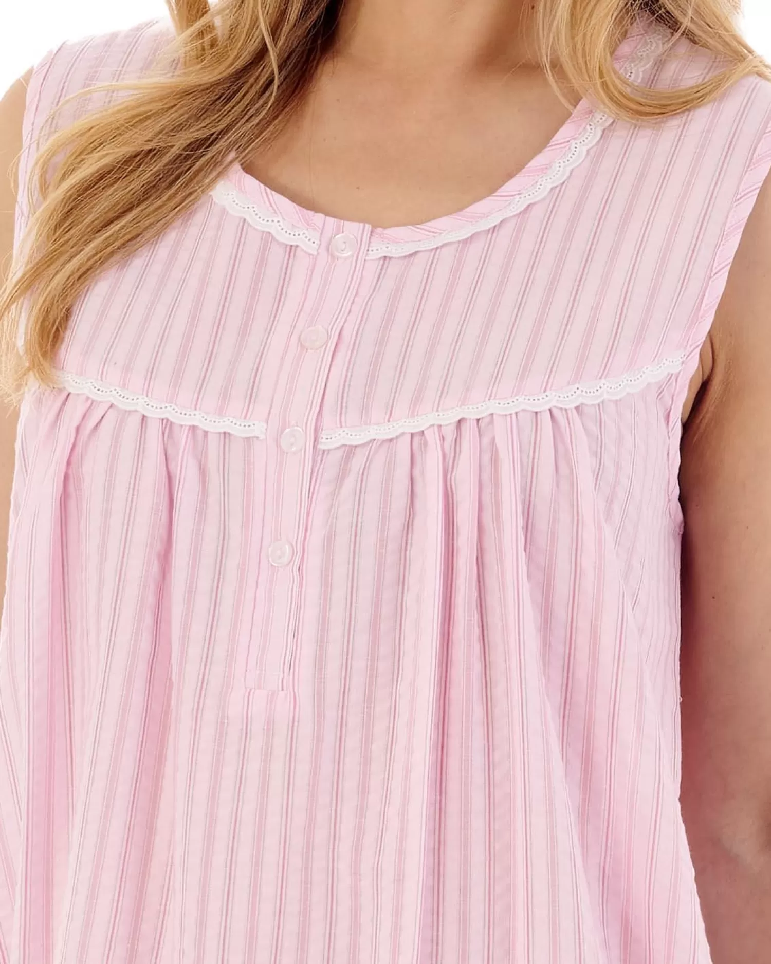 Slenderella Nighties | 42" Sleeveless Seersucker Nightie - Pink