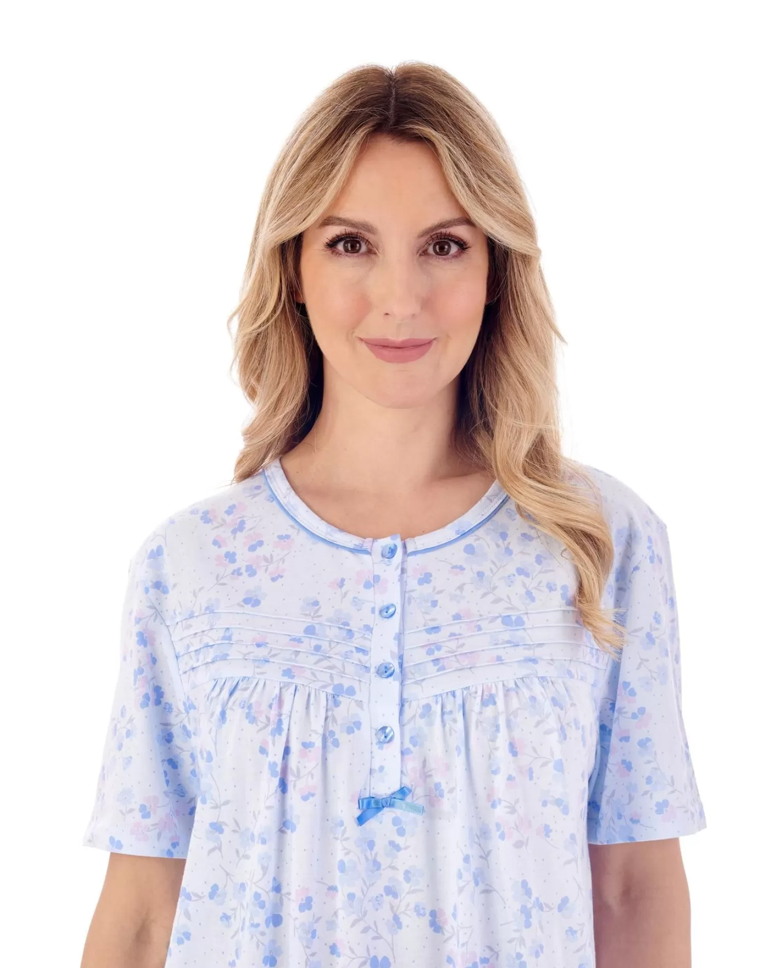 Slenderella Nighties | 42" Trailing Floral Short Sleeve Jersey Nightie - Blue
