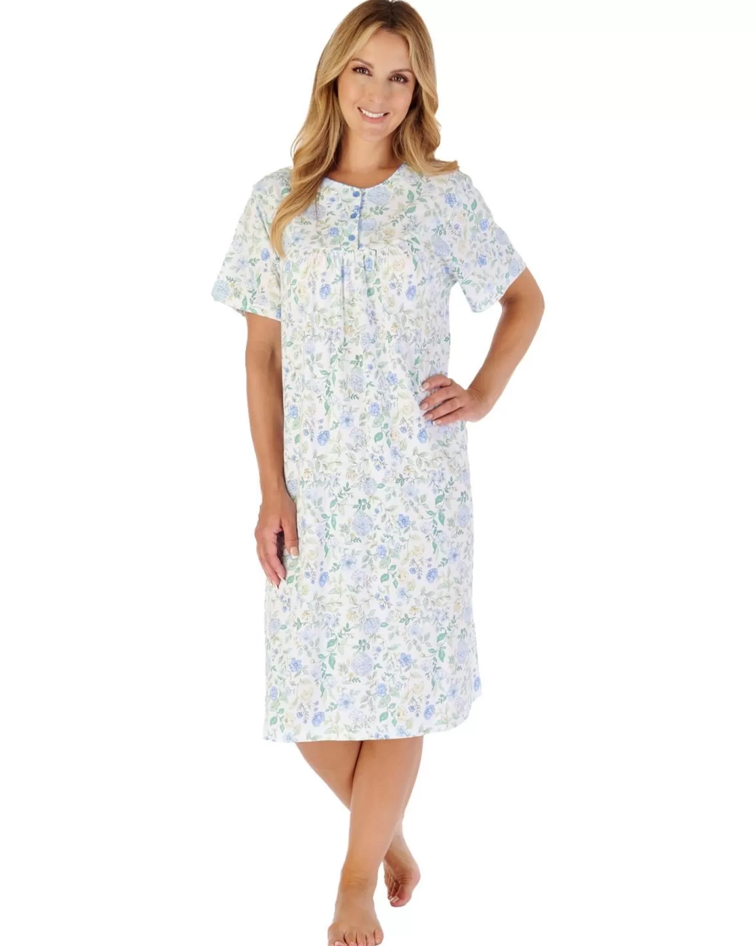 Slenderella Nighties | 42" Trailing Floral Short Sleeve Nightie - Blue