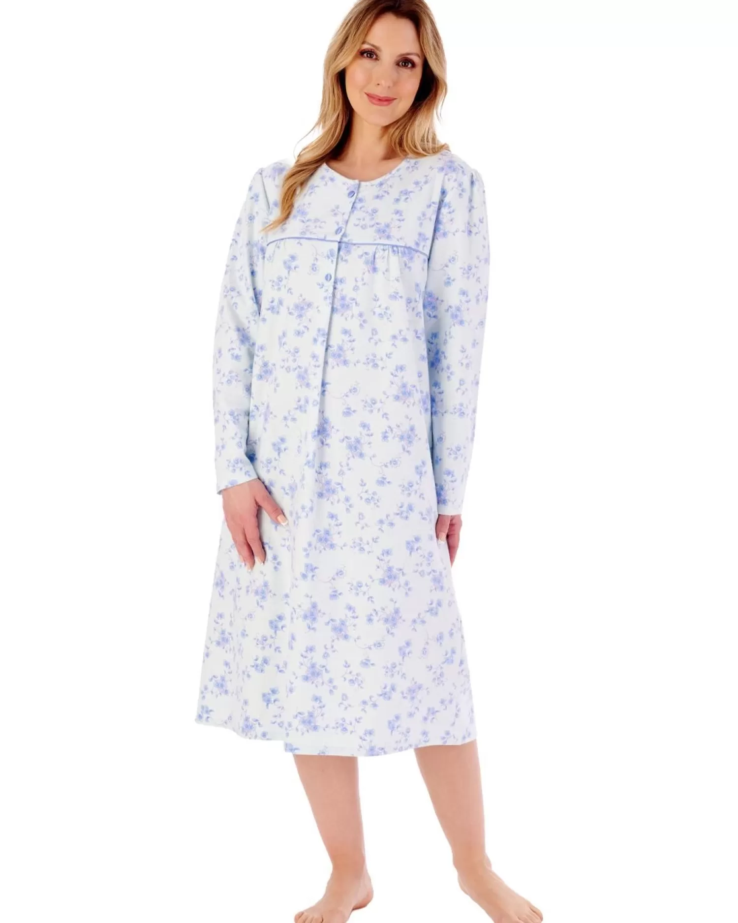 Slenderella Nighties | 43" Brushed Cotton Round Neck Nightie - Blue