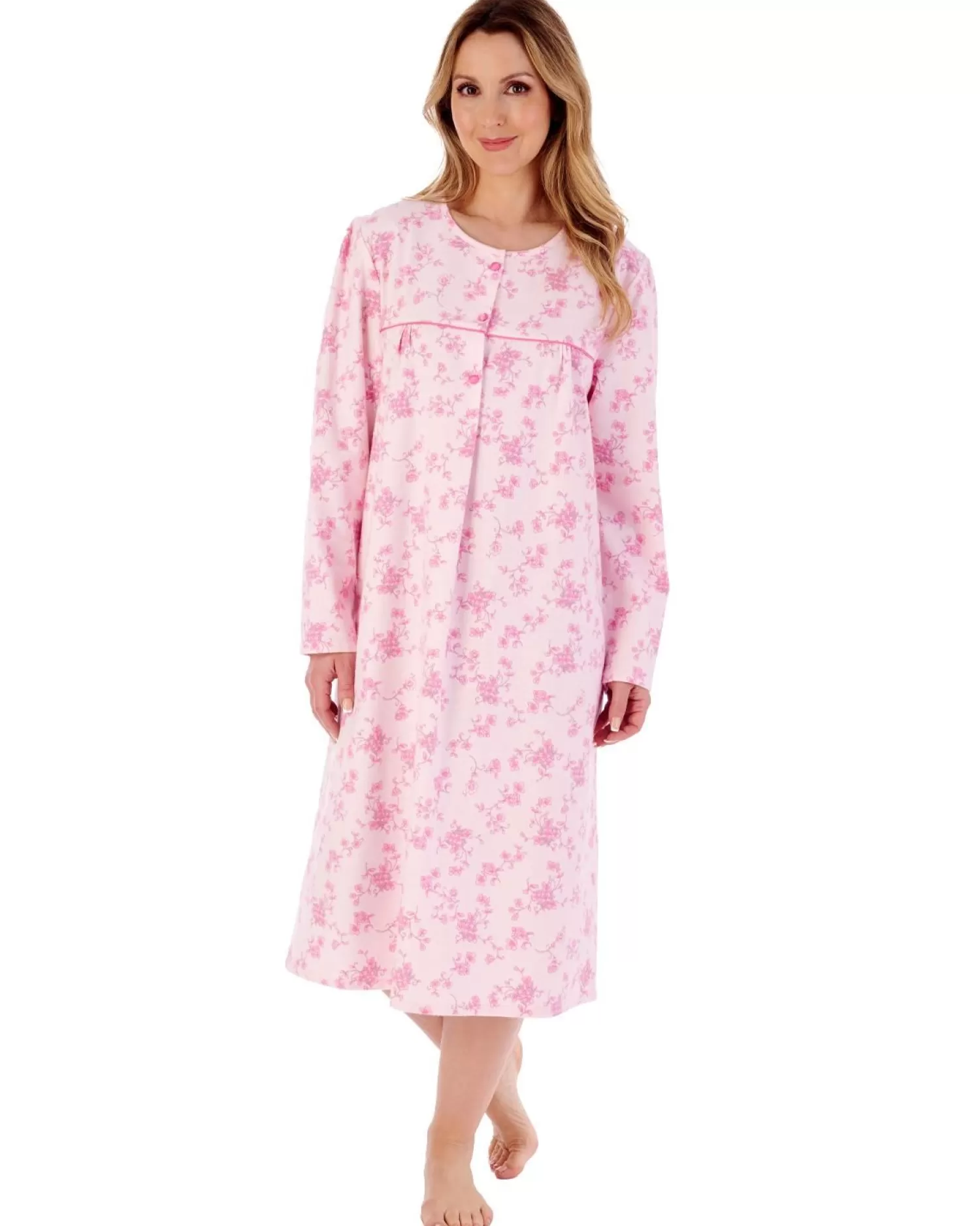 Slenderella Nighties | 43" Brushed Cotton Round Neck Nightie - Pink