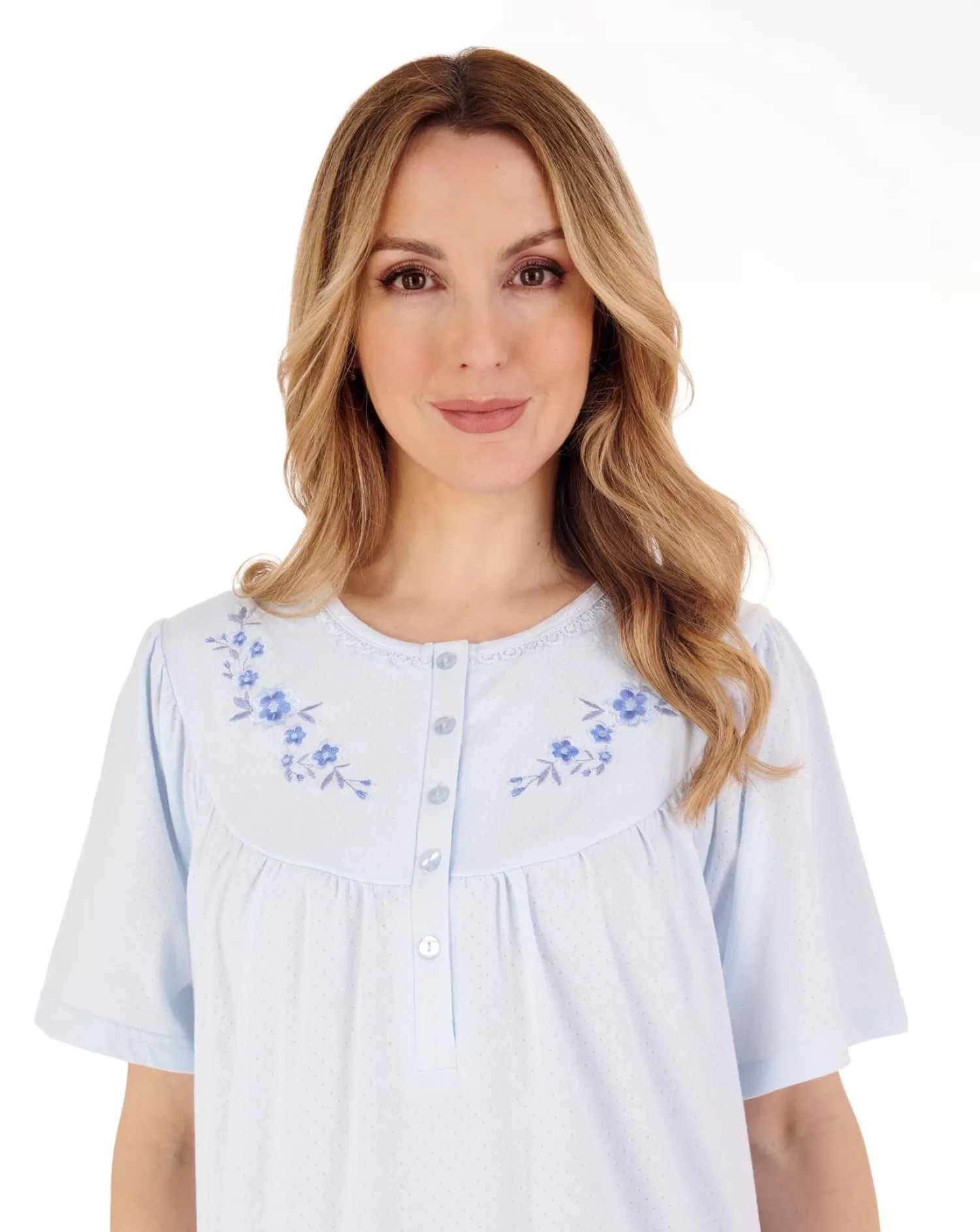 Slenderella Nighties | 43" Solid Colour Short Sleeve Jersey Nightdress - Blue