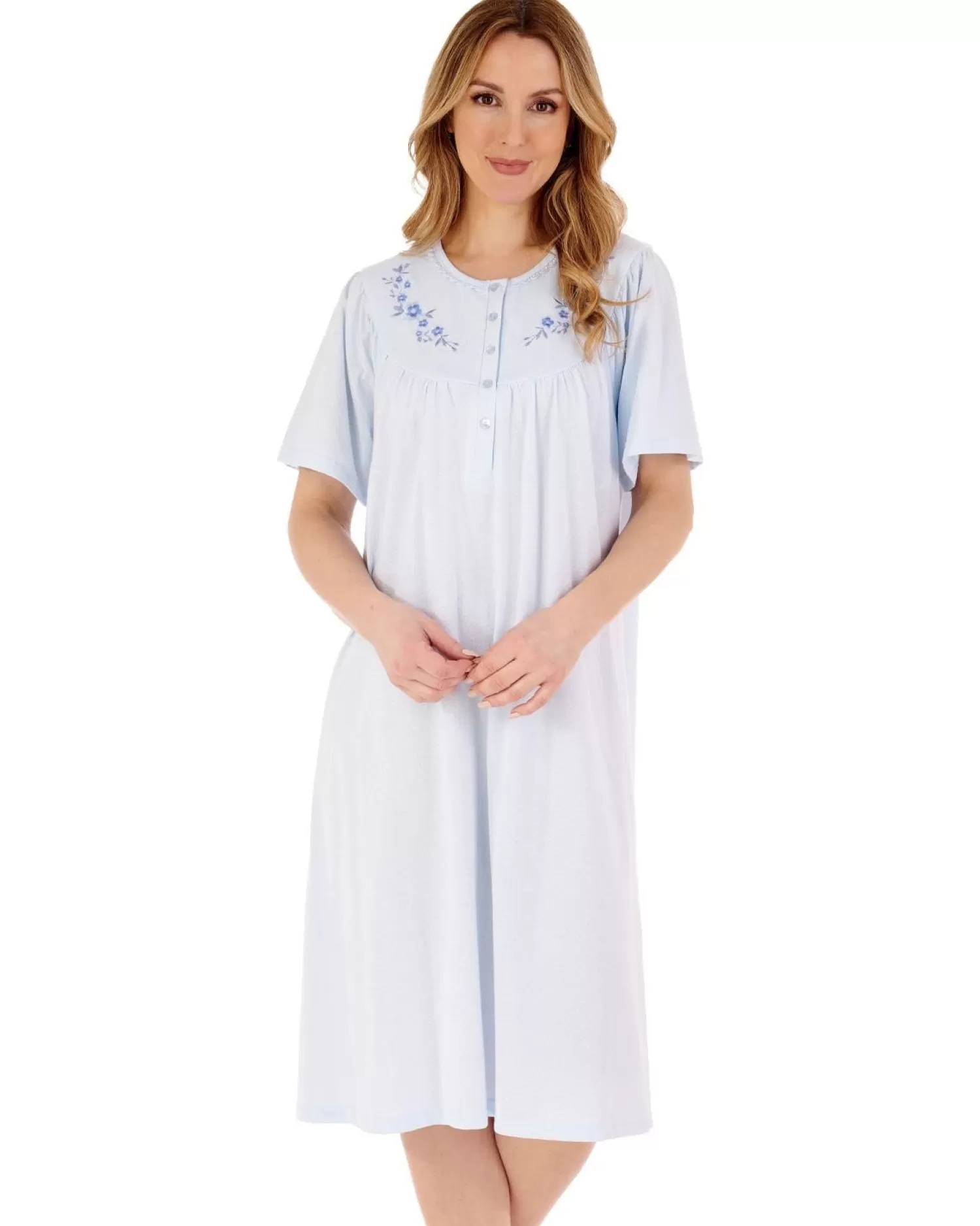 Slenderella Nighties | 43" Solid Colour Short Sleeve Jersey Nightdress - Blue