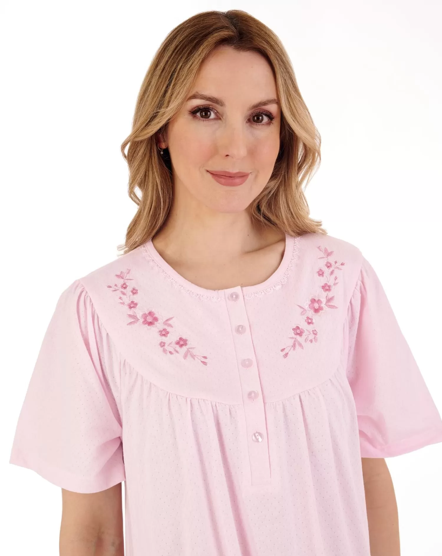 Slenderella Nighties | 43" Solid Colour Short Sleeve Jersey Nightdress - Pink
