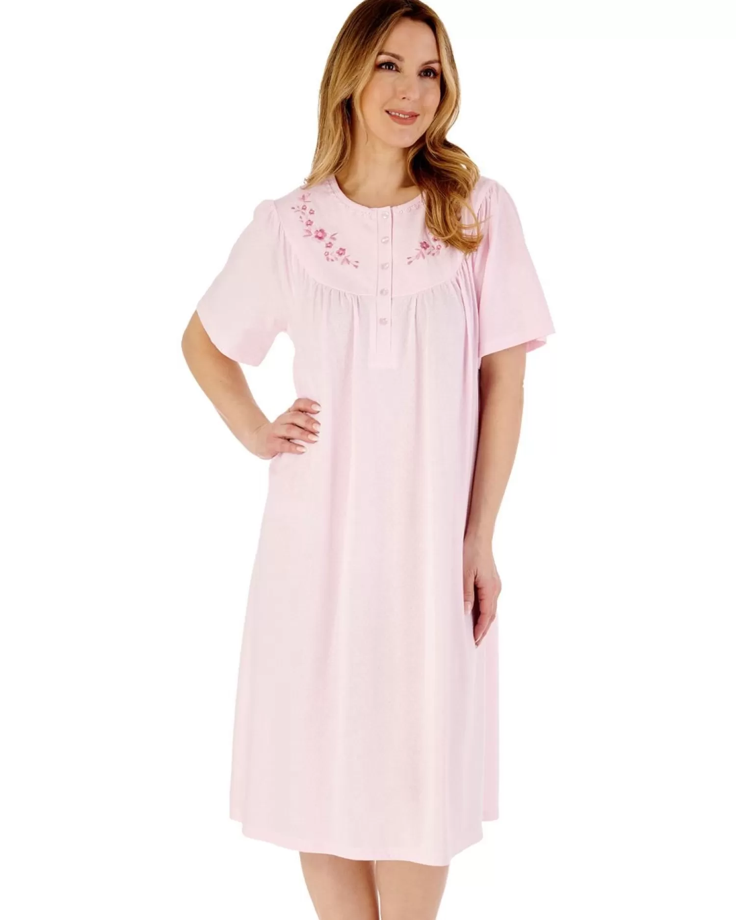 Slenderella Nighties | 43" Solid Colour Short Sleeve Jersey Nightdress - Pink