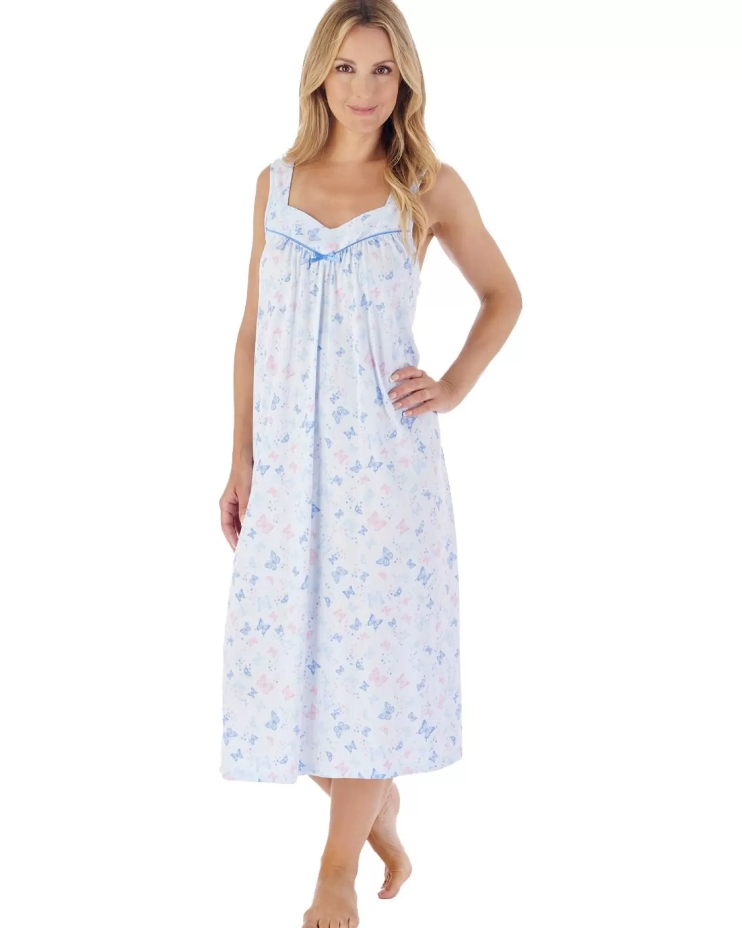 Slenderella Nighties | 44" Butterfly Print Sleeveless Nightie - Blue