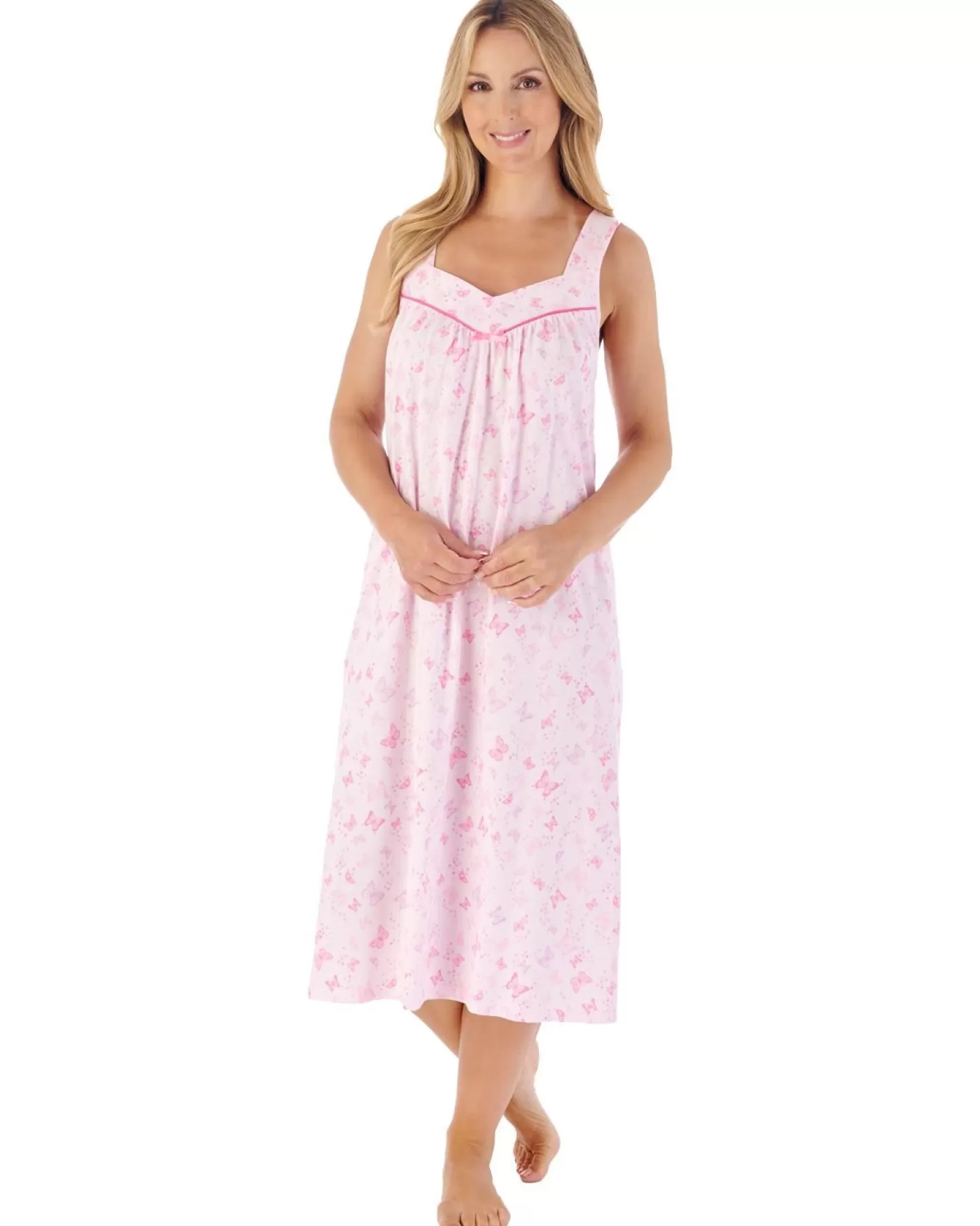 Slenderella Nighties | 44" Butterfly Print Sleeveless Nightie - Pink